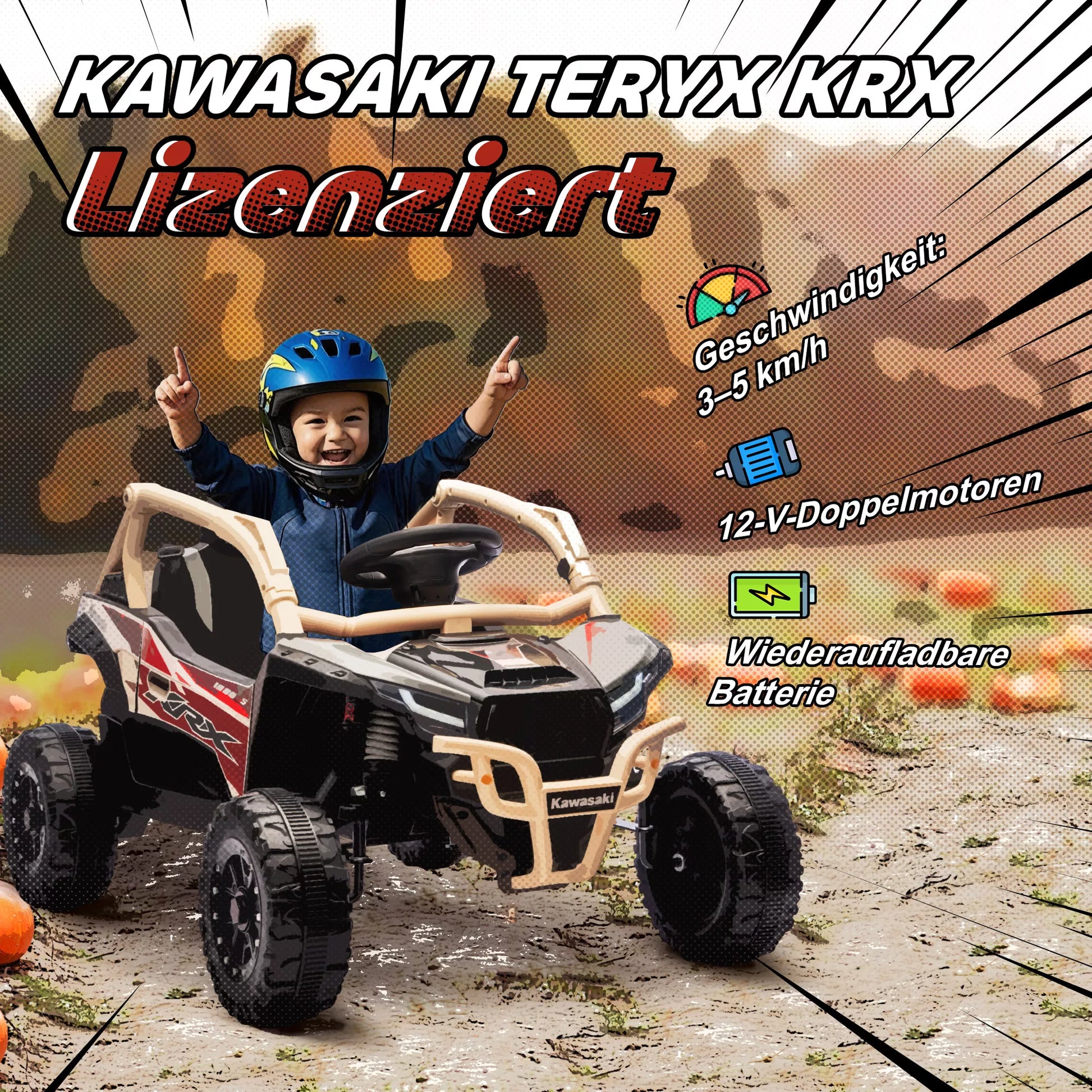 12V elektrinis visureigis vaikams su nuotolinio valdymo pultu, LED žibintais, muzika, garsiniu signalu, skirtas 3-8 metų vaikams, geltonos spalvos