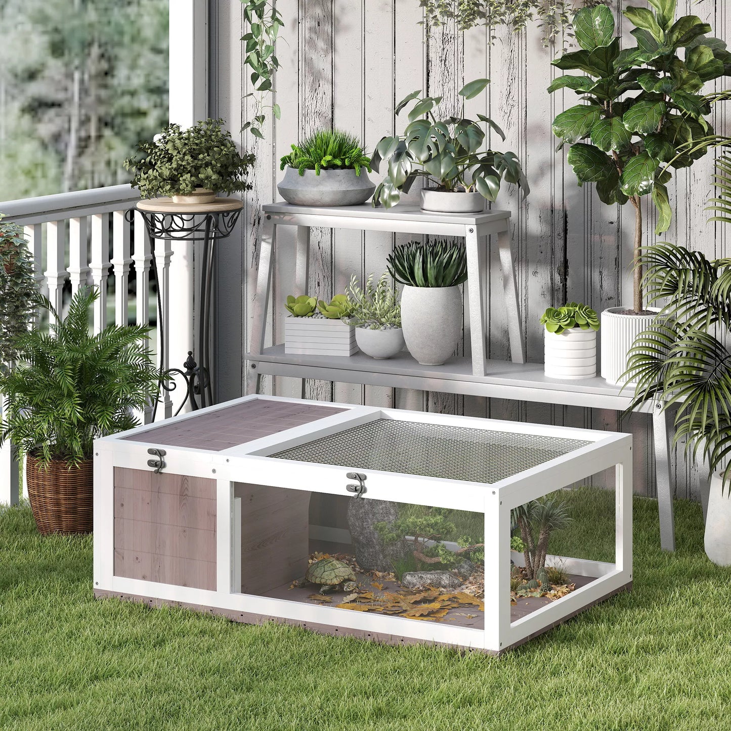 Medinis vėžlių namelis, vėžlių aptvaras su pagrindiniais skyriais, atidaromas viršus, 91x60,5x32 cm, rudas