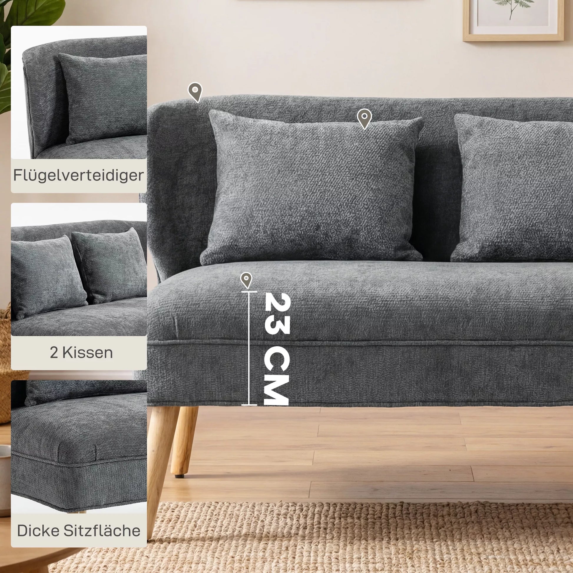 Dvivietė sofa svetainei su sparnuotu atlošu, minkštasuoli, šenilas ir mediena, 126x75x79 cm, pilka