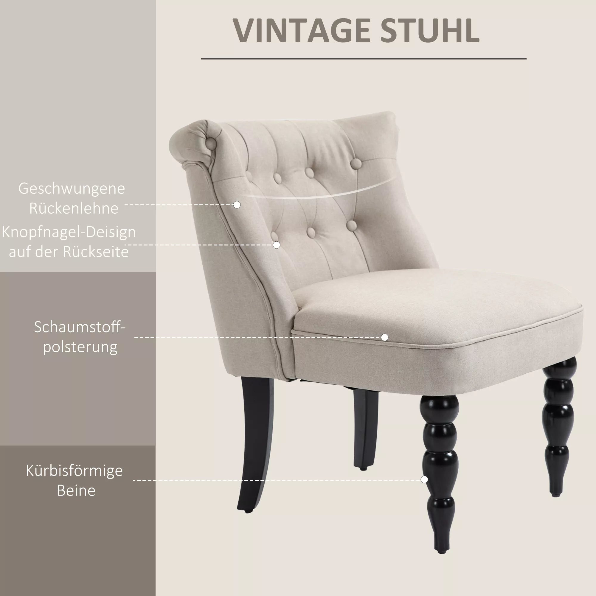 Poilsio krėslas Vintage Poilsio krėslas Poilsio kėdė Minkštas krėslas Valgomojo kėdė Lininis apmušalas Medinis rėmas Smėlio spalvos + juodos spalvos 67 x 67 x 78 cm