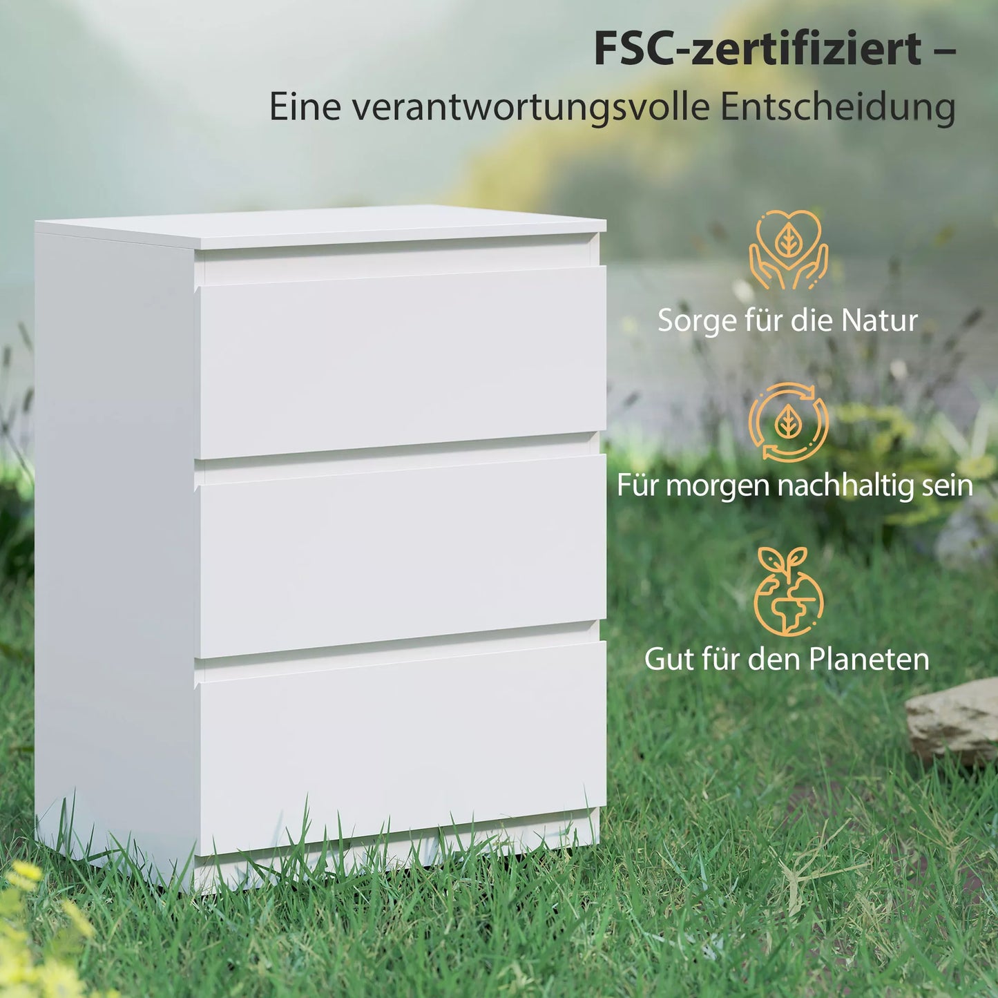 Kompaktinė spintelė su 3 stalčiais, skirta svetainei, miegamajam, prieškambariui, medžio drožlių plokštė, balta