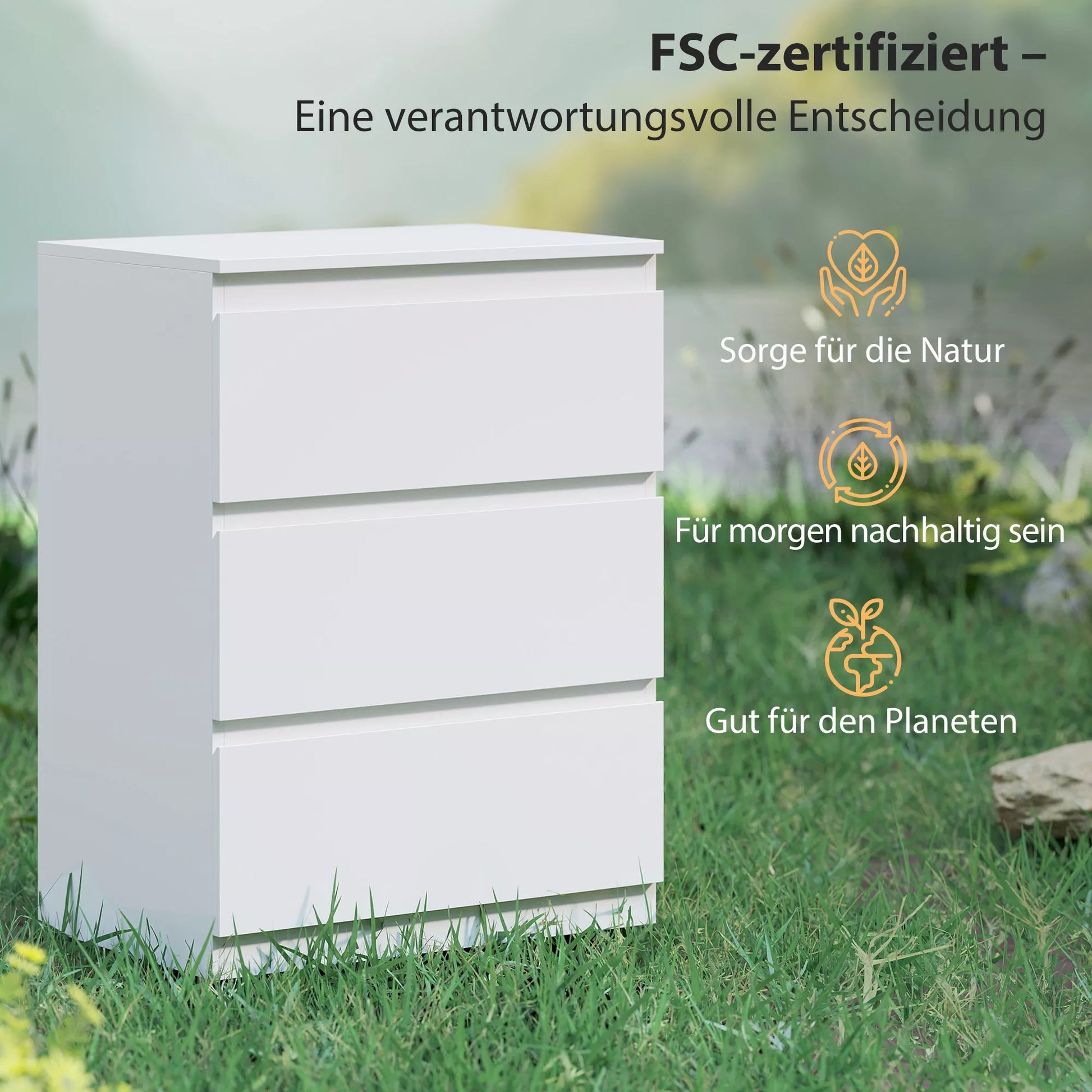 Kompaktinė spintelė su 3 stalčiais, skirta svetainei, miegamajam, prieškambariui, medžio drožlių plokštė, balta