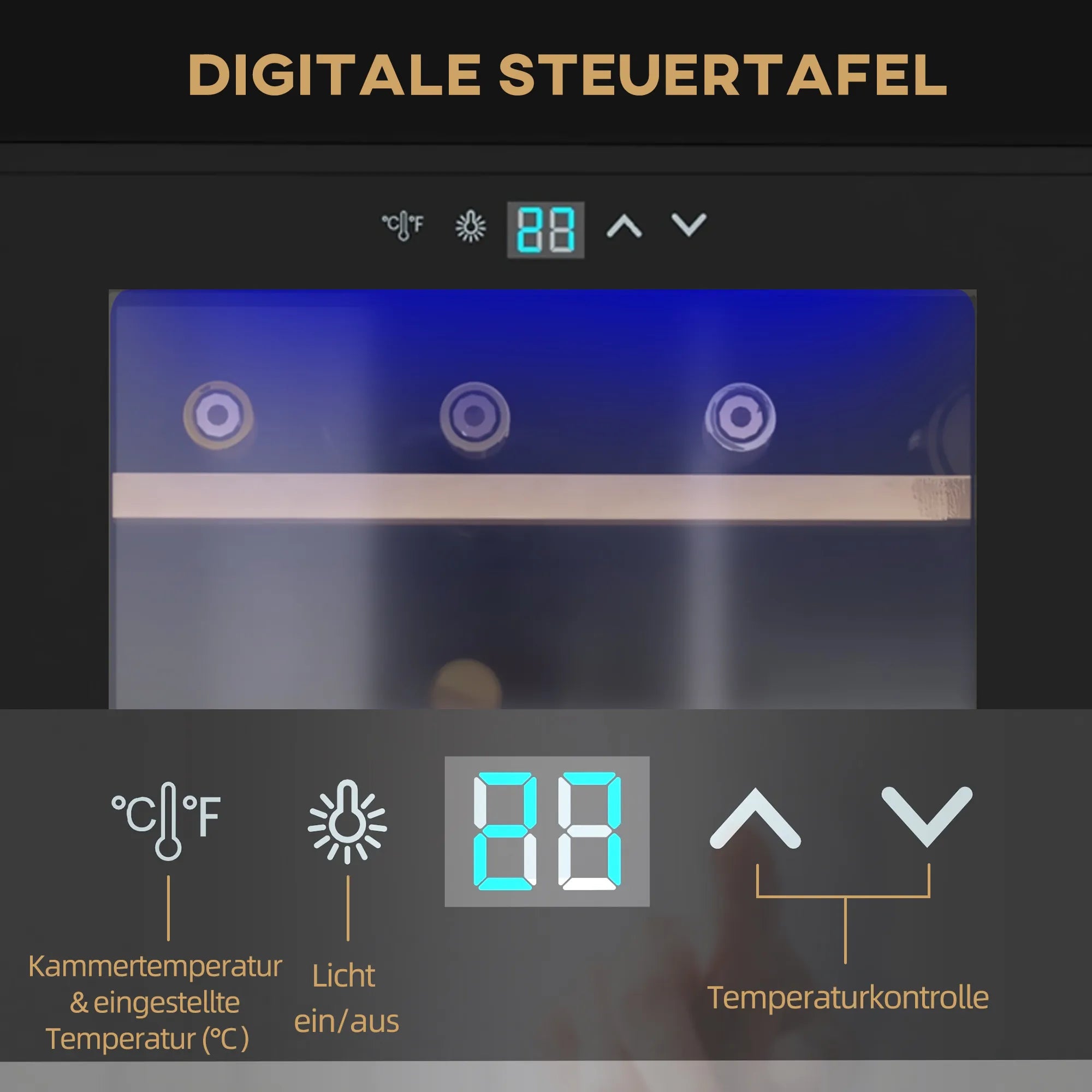 Kompaktiškas vyno aušintuvas svetainei, talpinantis 24 butelius, su reguliuojama 5–20 °C temperatūra, LED apšvietimu, juodos spalvos, 43 x 45 x 75 cm