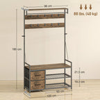 Infografika su matmenimis: 96 x 60 x 180 cm kabykla, 88 lbs (40 kg) keliamoji galia