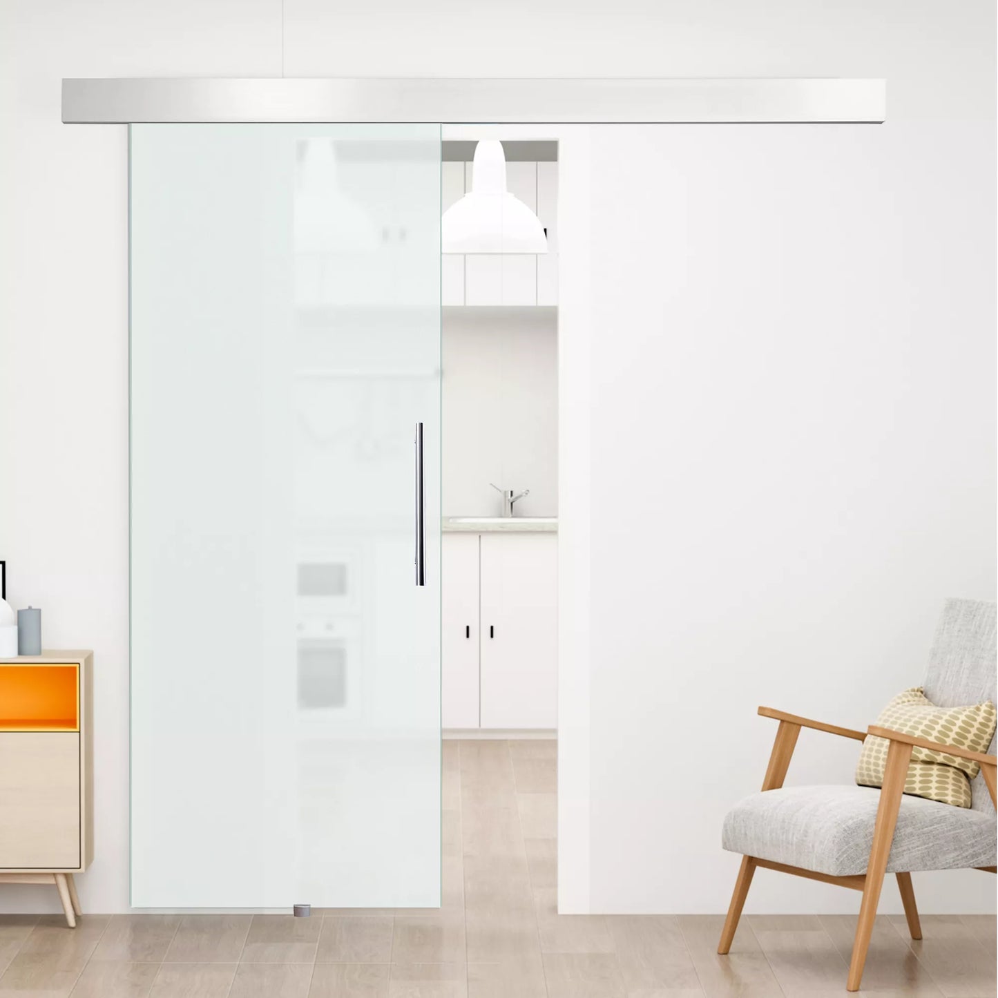 Stiklinės stumdomosios durys su rankena, viena pusė matinė, 90 x 205 cm