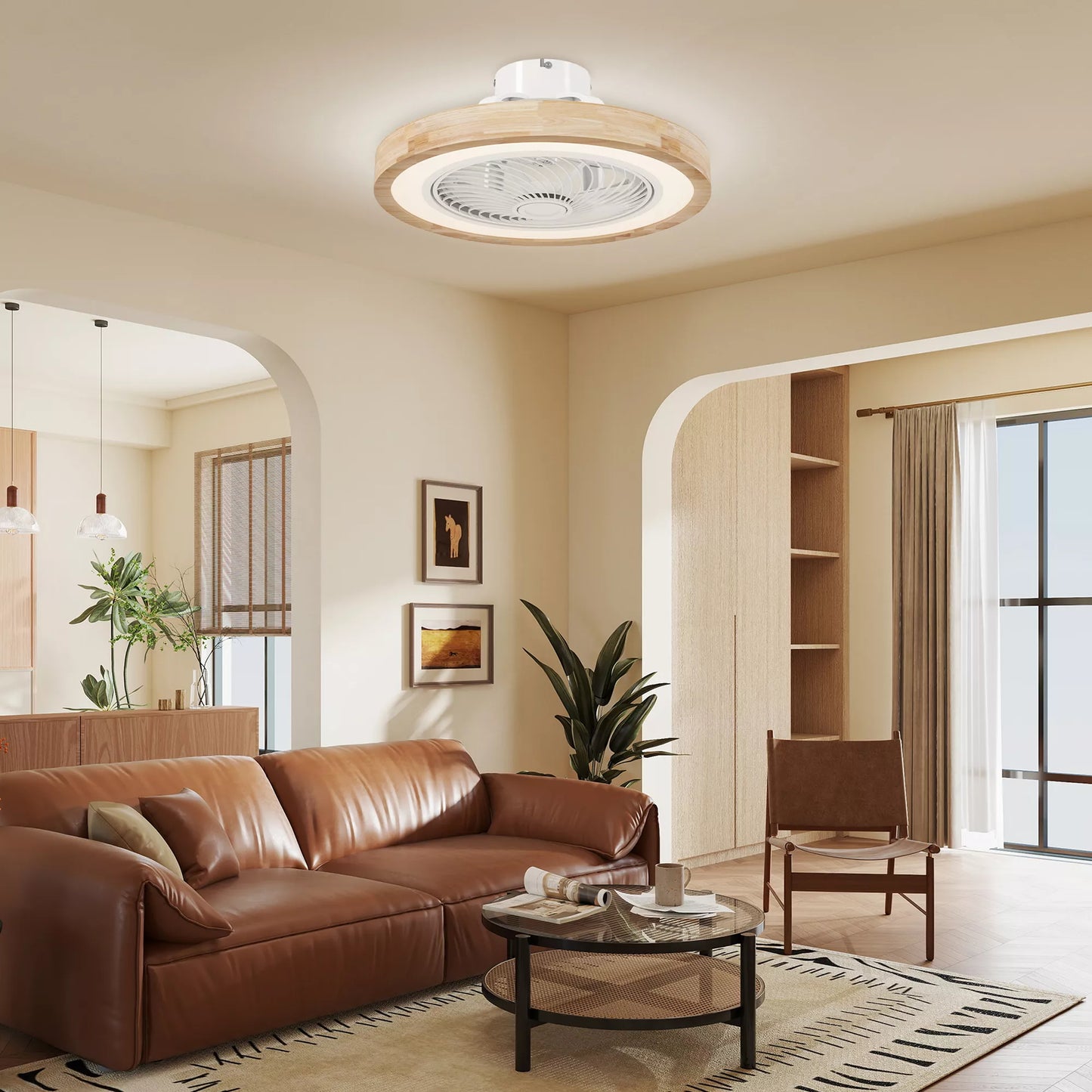 Lubos ventiliatorius su šviestuvu ir nuotolinio valdymo pulteliu, 6 greičiai, reguliuojamas ryškumas, tylus variklis, šviesiai rudas