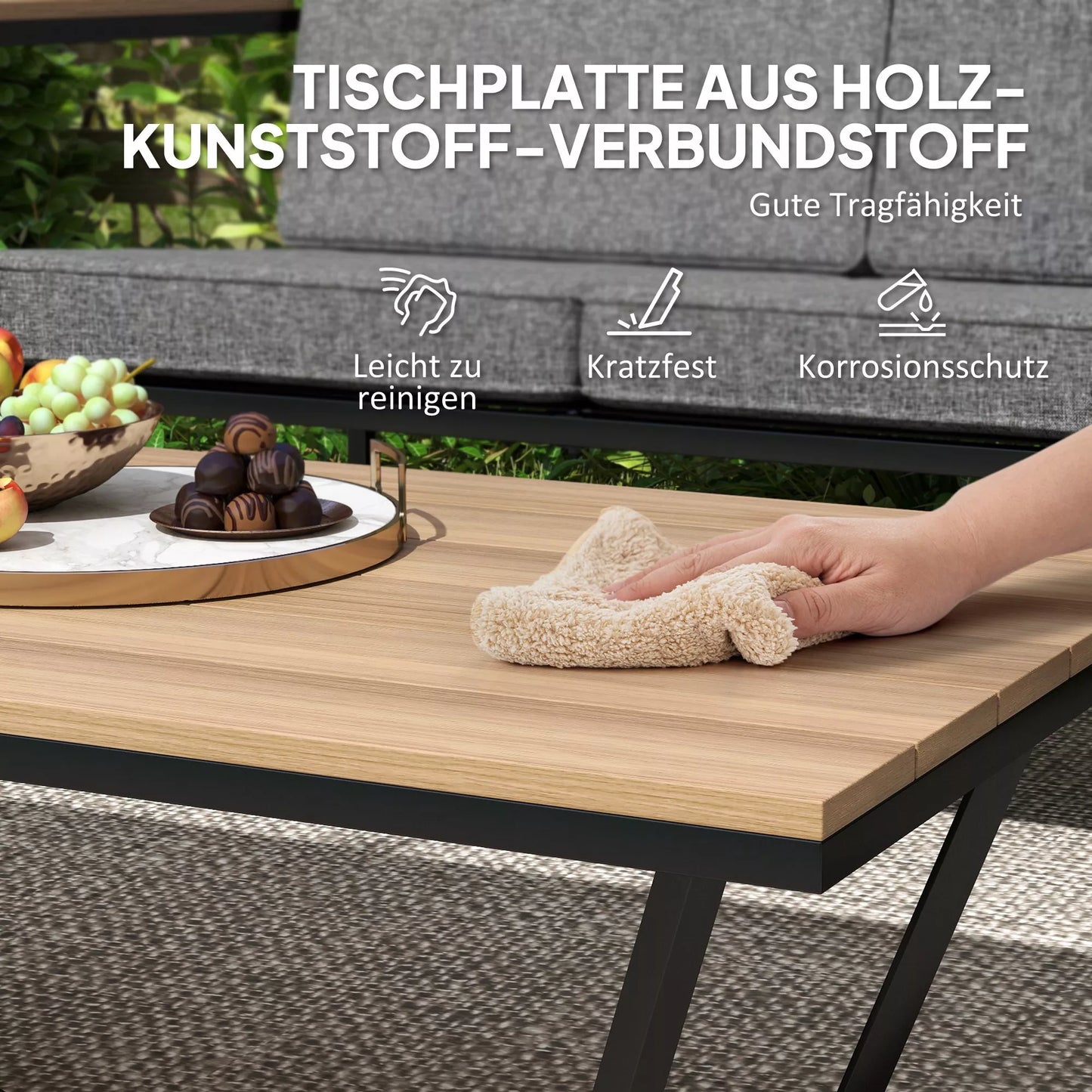 Atsparus oro sąlygoms sodo baldų komplektas 4 asmenims: balkono baldų komplektas su 2 vietų sofa, 2 kėdėmis, sėdynių pagalvėlėmis, staliuku, pilkos spalvos