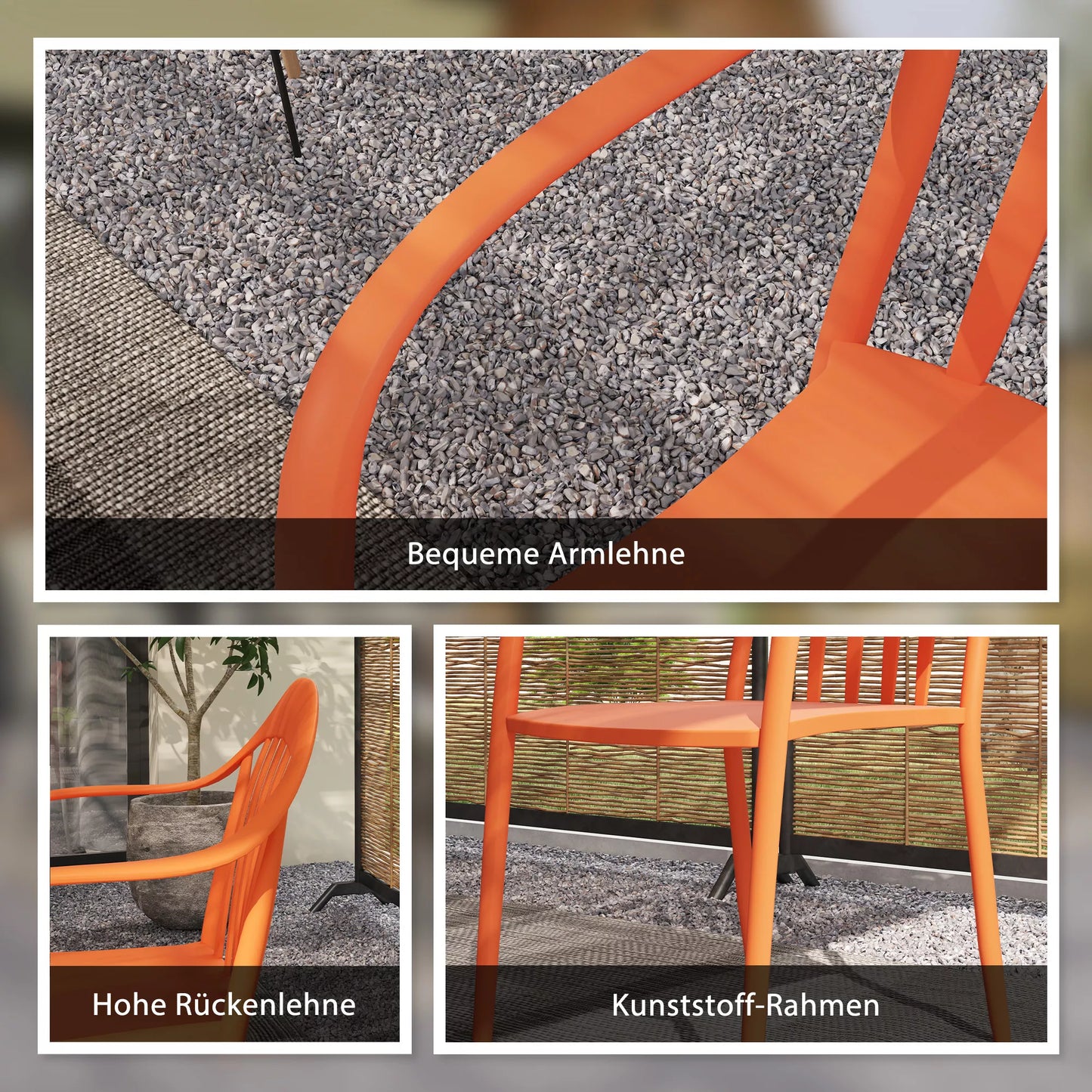 Lauko kėdžių rinkinys iš 4 vnt., atsparus oro sąlygoms, pagamintas iš plastiko, sukraunama kėdė su porankiais, atlošu, atlaiko iki 120 kg