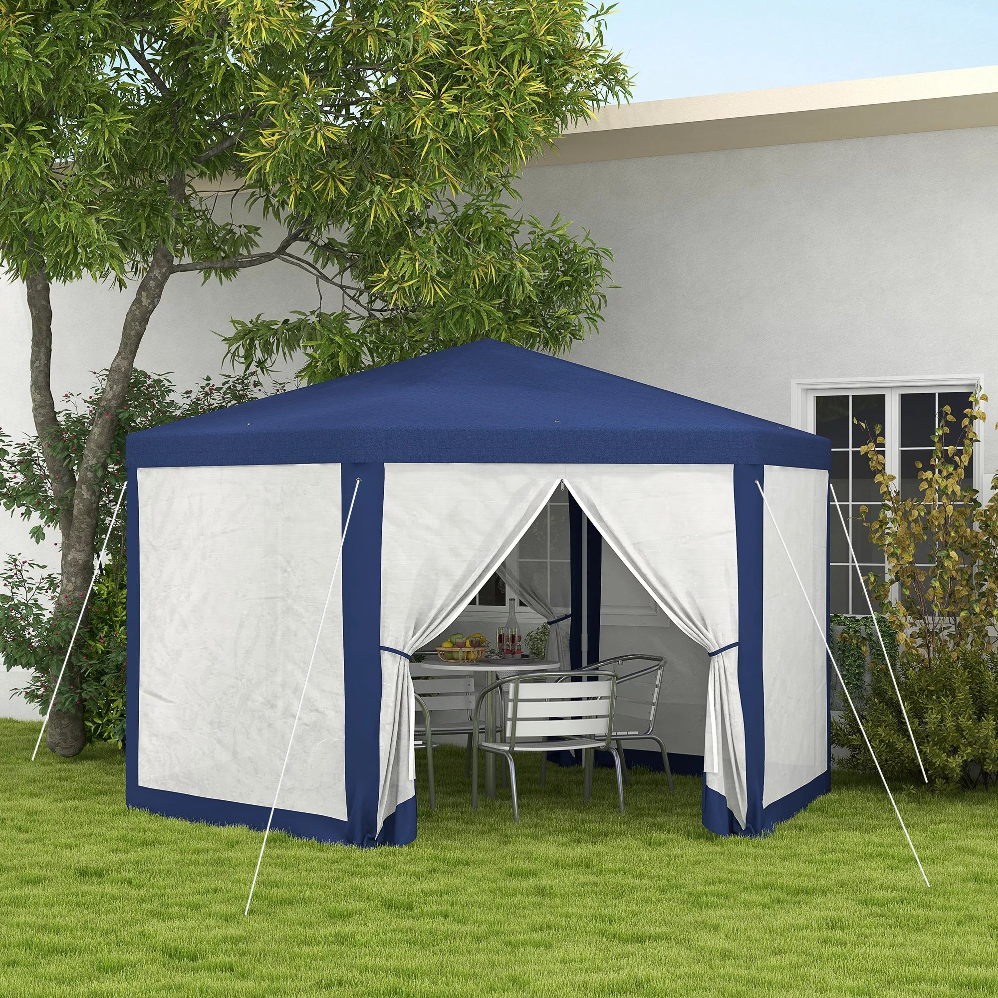 Sodo paviljonas, šešiakampis, tinklinės užuolaidos, metalinis rėmas, 3,94 x 3,412 x 2,5 m, mėlynas