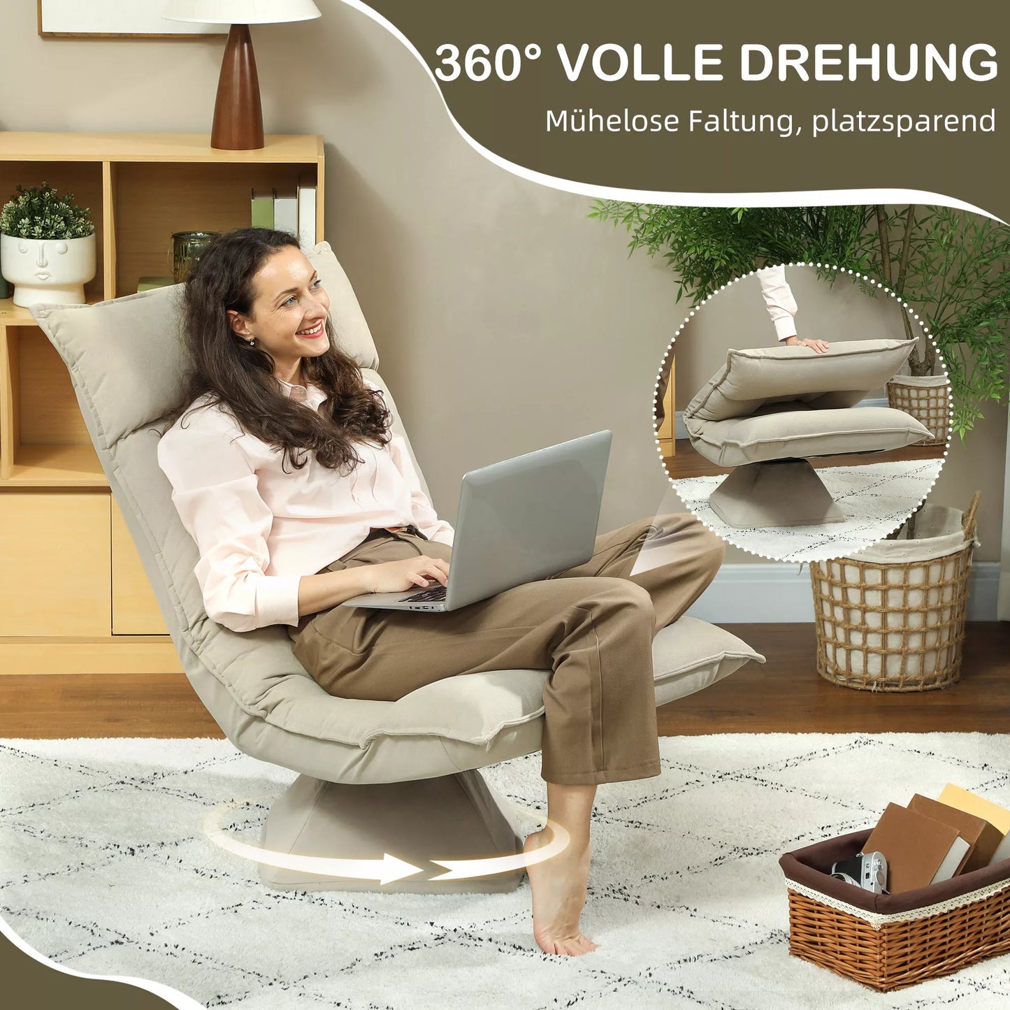 Grindų krėslas su 5 padėčių reguliuojamu pasukamu atlošu, modernus minkštasuolis, smėlio spalvos