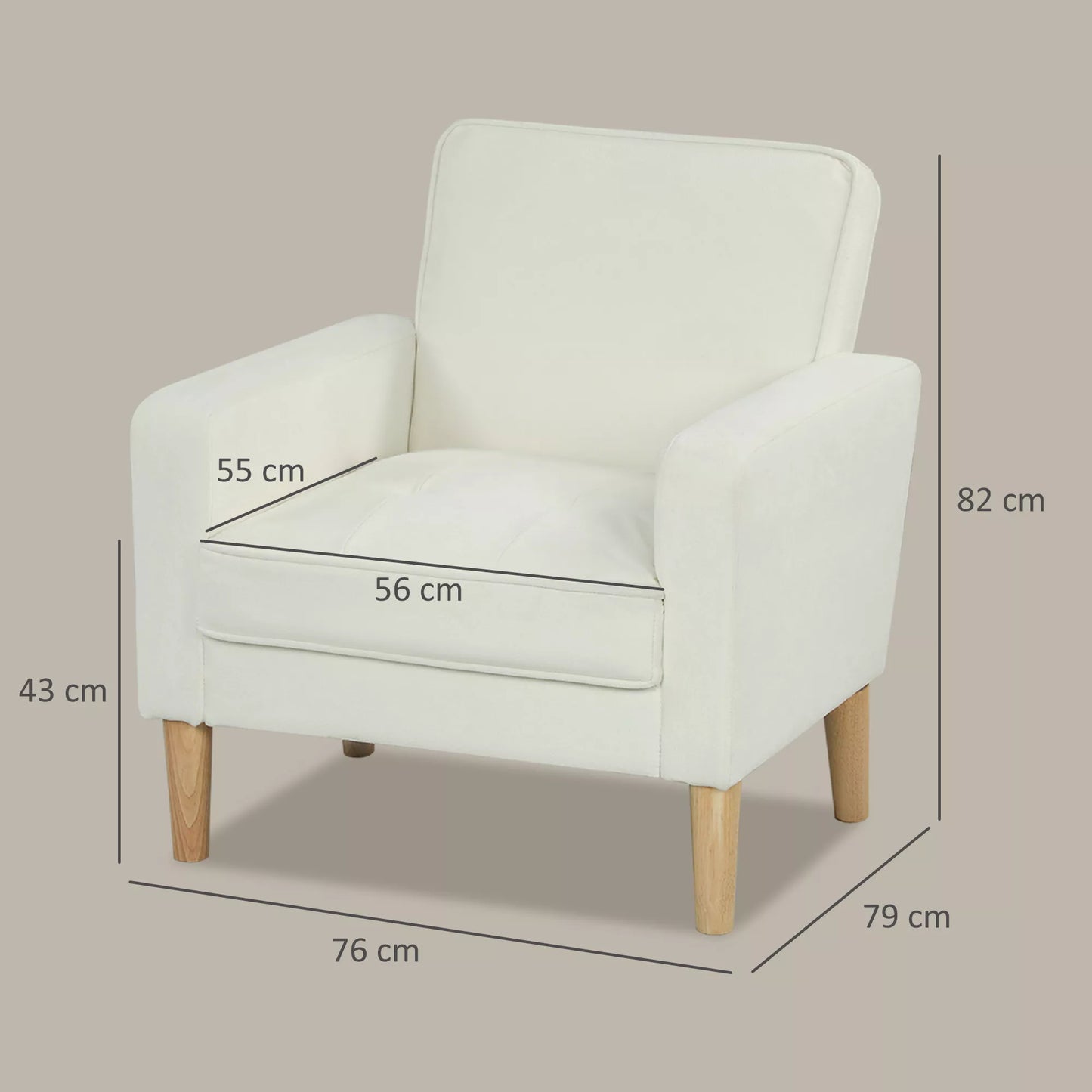 Kreminės baltos spalvos fotelis su porankiais, reguliuojama atlošo padėtimi ir kaučiukmedžio kojelėmis