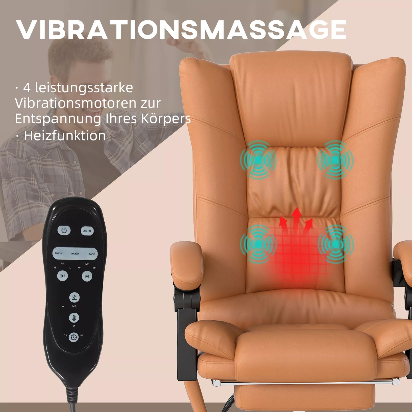 Masažinė biuro kėdė, darbo kėdė su šildymo funkcija, pasukama kėdė, atlošiama funkcija, aukščiui reguliuojama kompiuterio kėdė, šviesiai ruda