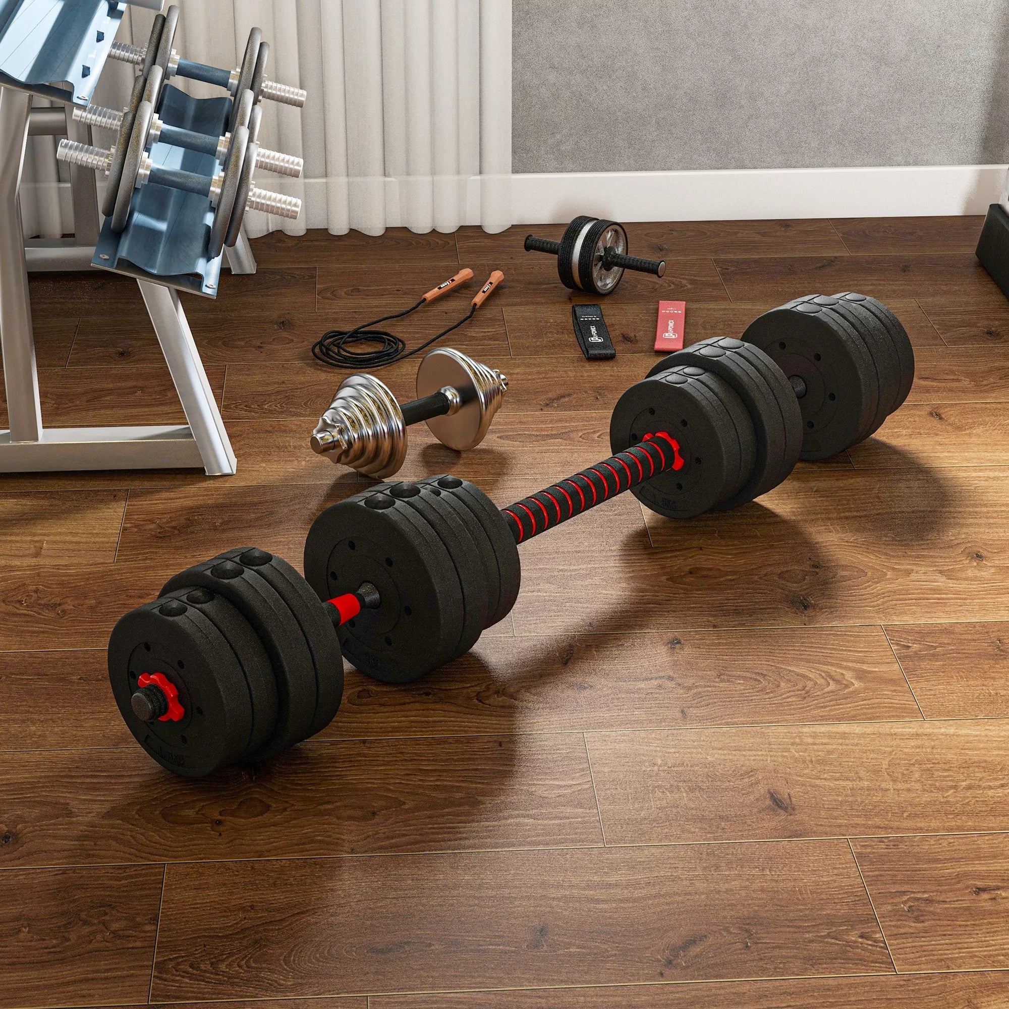 2 viename Hantelių rinkinys 30 kg, reguliuojama trumpoji ir ilgoji štanga, profesionalus "Dumbbell" jėgos treniruoklis, juodos spalvos