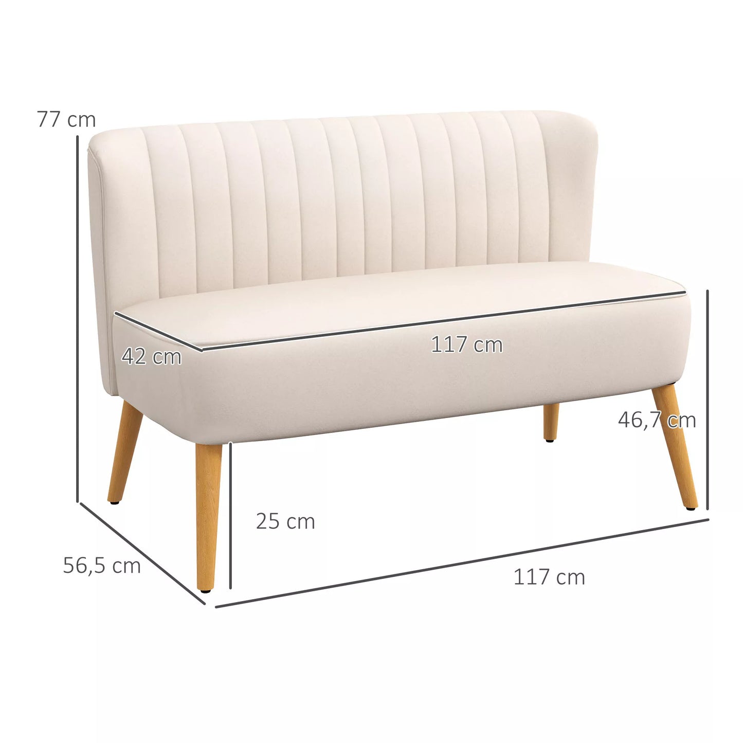 Sofa retro dizaino, 2 vietų sofa, medinės kojelės, 117 cm x 56,5 cm x 77 cm, kreminės baltos spalvos