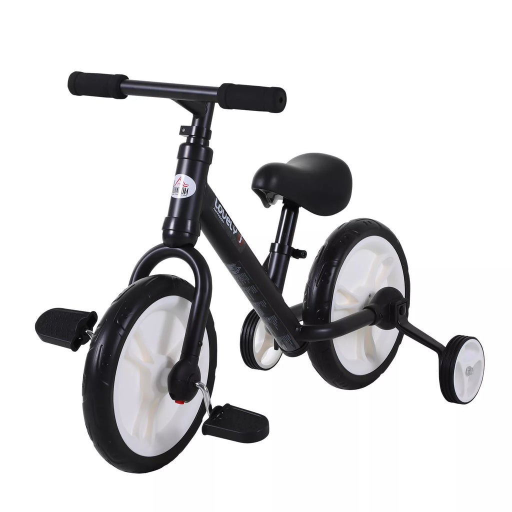Juodas vaikiškas dviratis su pagalbiniais ratukais ir pedalais