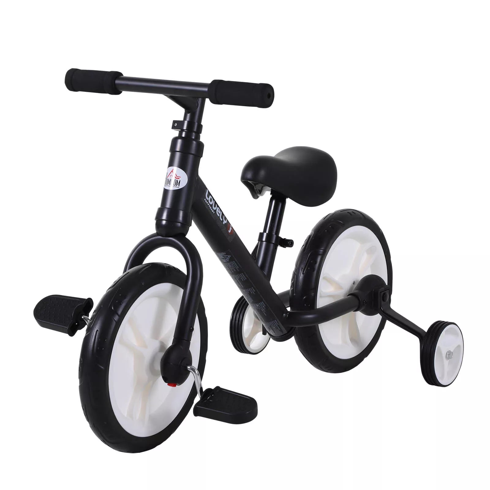 Juodas vaikiškas dviratis su pagalbiniais ratukais ir pedalais