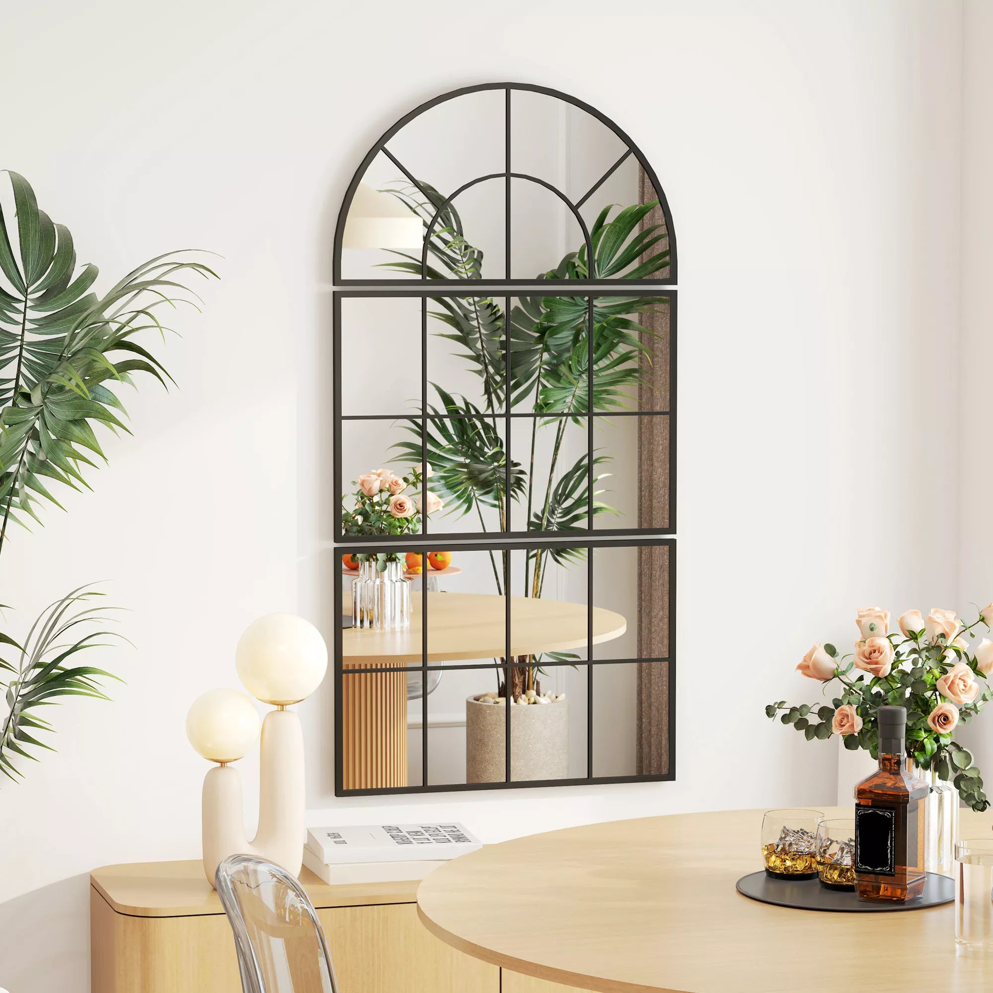 Sieninis veidrodis, lango veidrodis, trijų dalių, metalinis rėmas, 76 x 53 cm, juodas