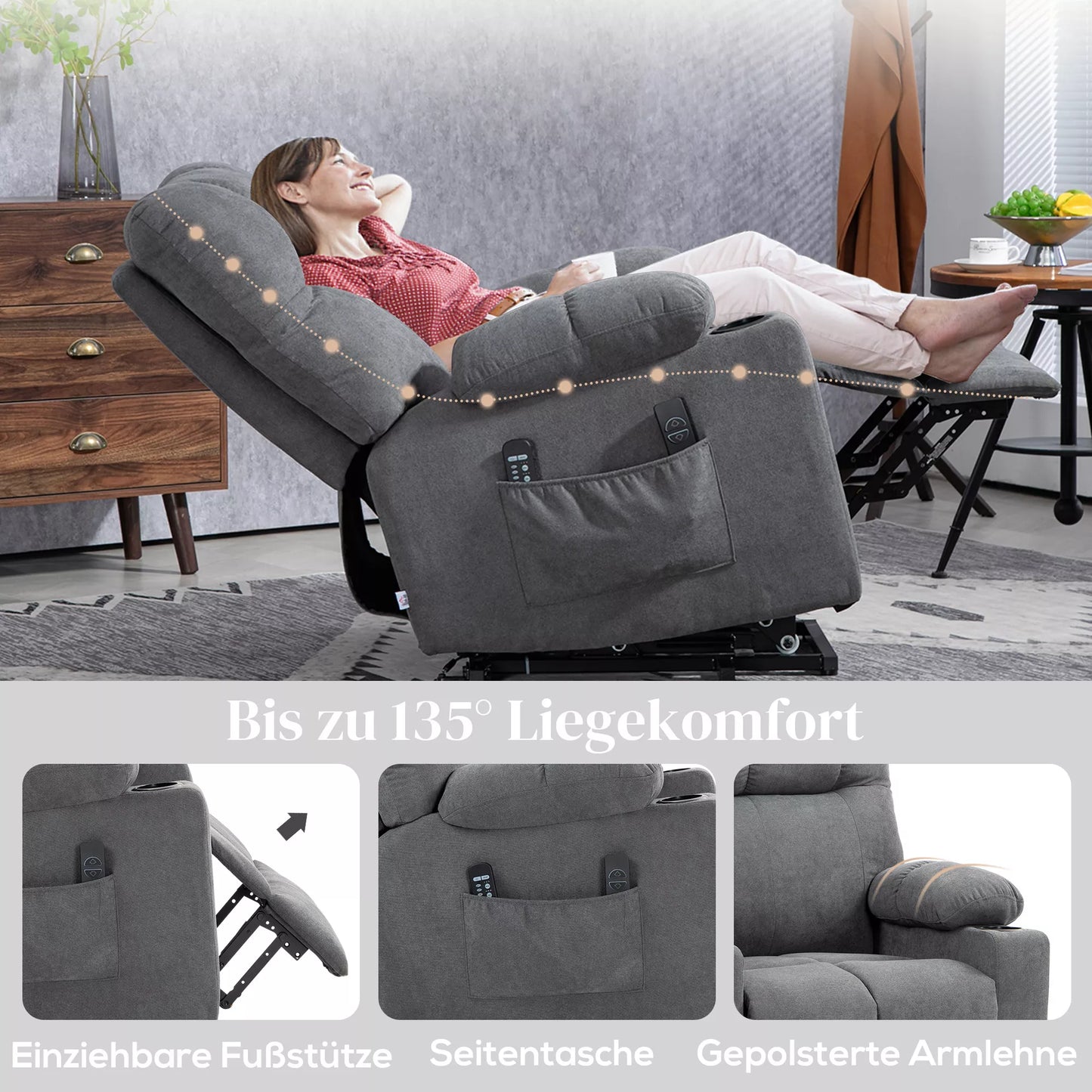 HOMCOM pagyvenusių žmonių fotelis su pagalba atsistojant, gulima padėtis, su pulteliu, 144 cm x 91 cm x 88 cm, pilkos spalvos