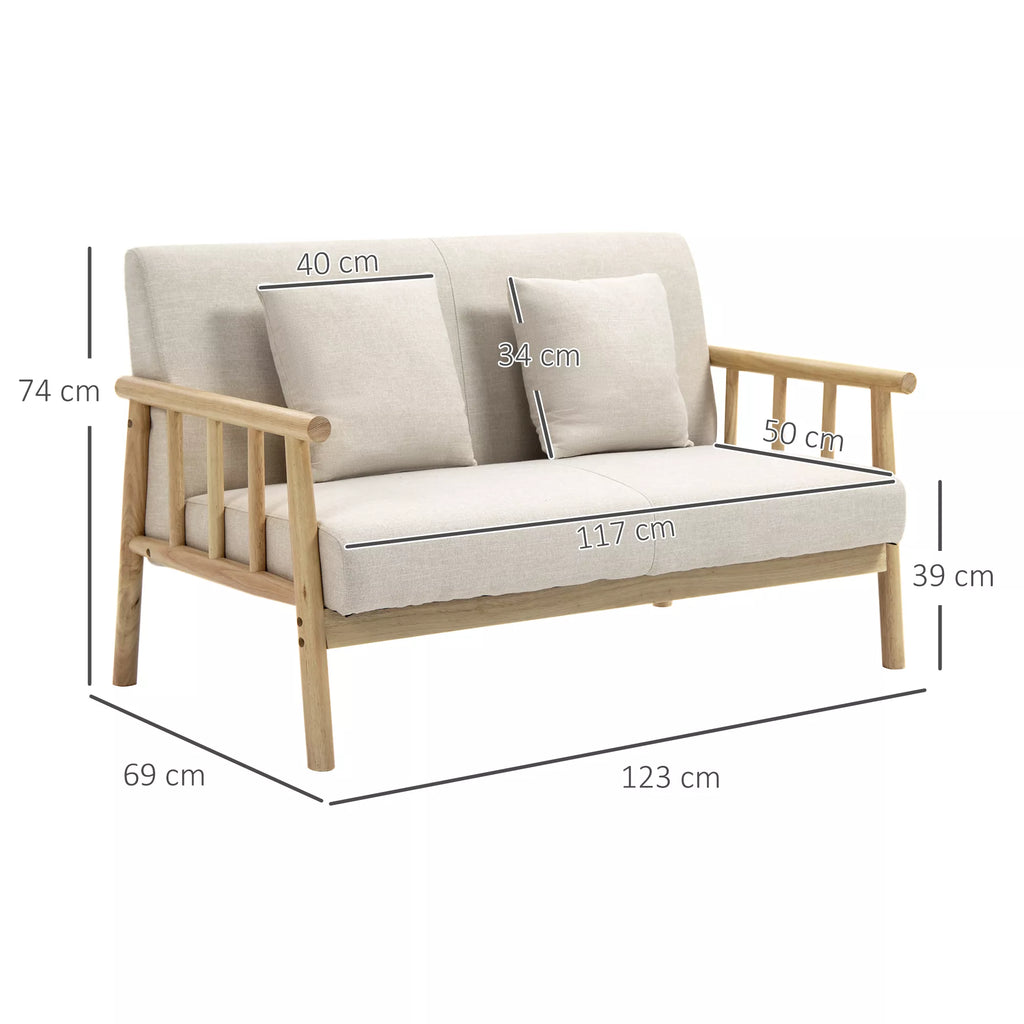 Dvivietės sofos schema su matmenimis 123, 74 ir 69 cm