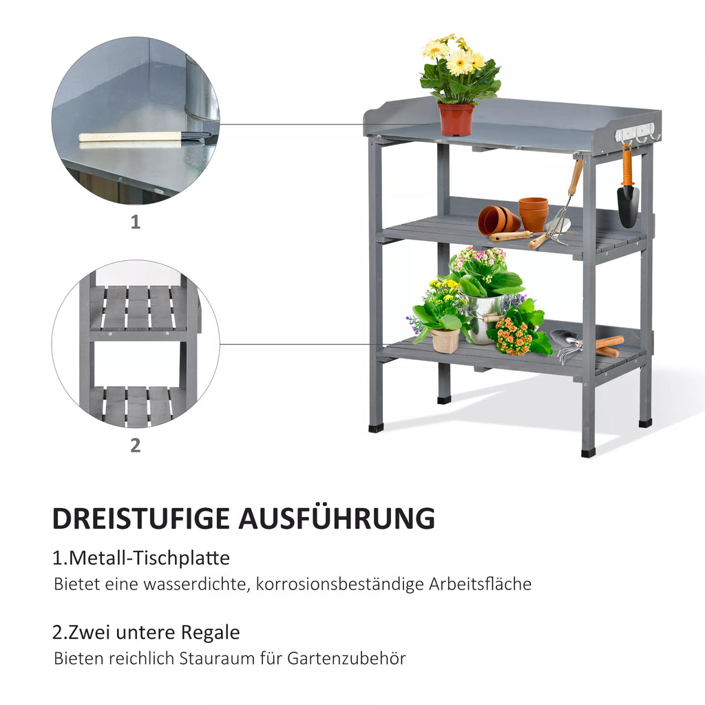 Augalų stalas Sodininkystės stalas Gėlių stalas su metaliniu darbo paviršiumi Sodas Medis Pilkas 76 x 37 x 89 cm