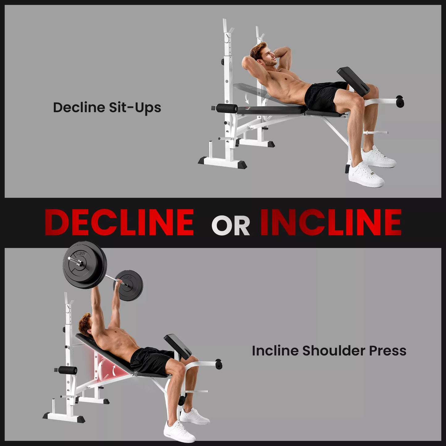 Hantelų suoliukas su hantelių laikikliu, krūtinės presas, kojų presas, atrama rankoms bicepsų lenkimui, plienas, juoda+balta