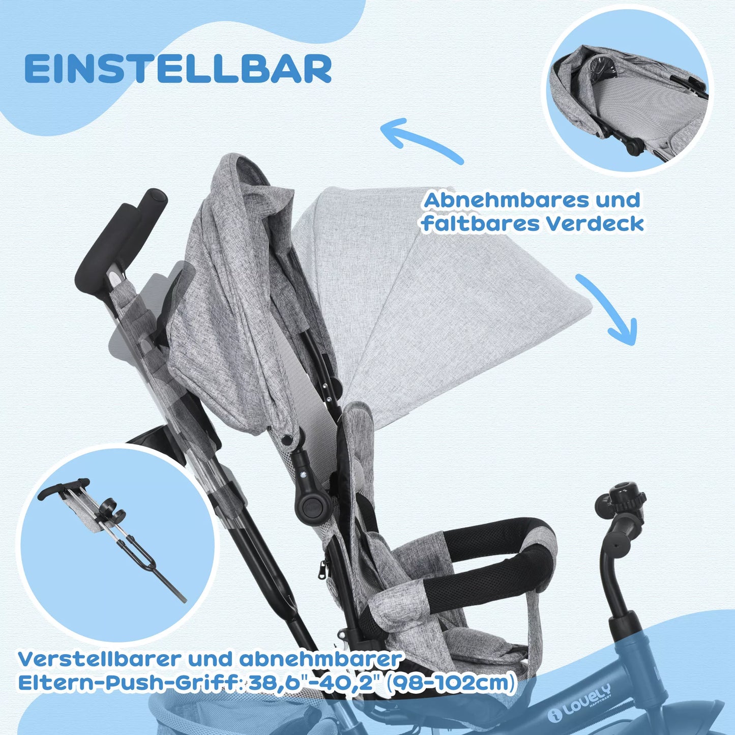 Vaikų triratukas, vaikiškas dviratukas, galinis krepšys, puodelio laikiklis, stogelis nuo saulės, metalinis, pilkas