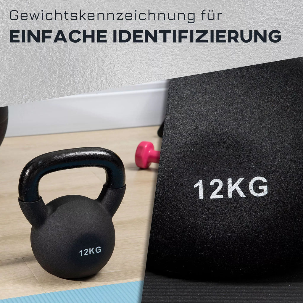 Kettlebell, rutulinis hantelis, 12 kg, su plastiko apvalkalu, plienas, juodas 20 x 13 x 22 cm