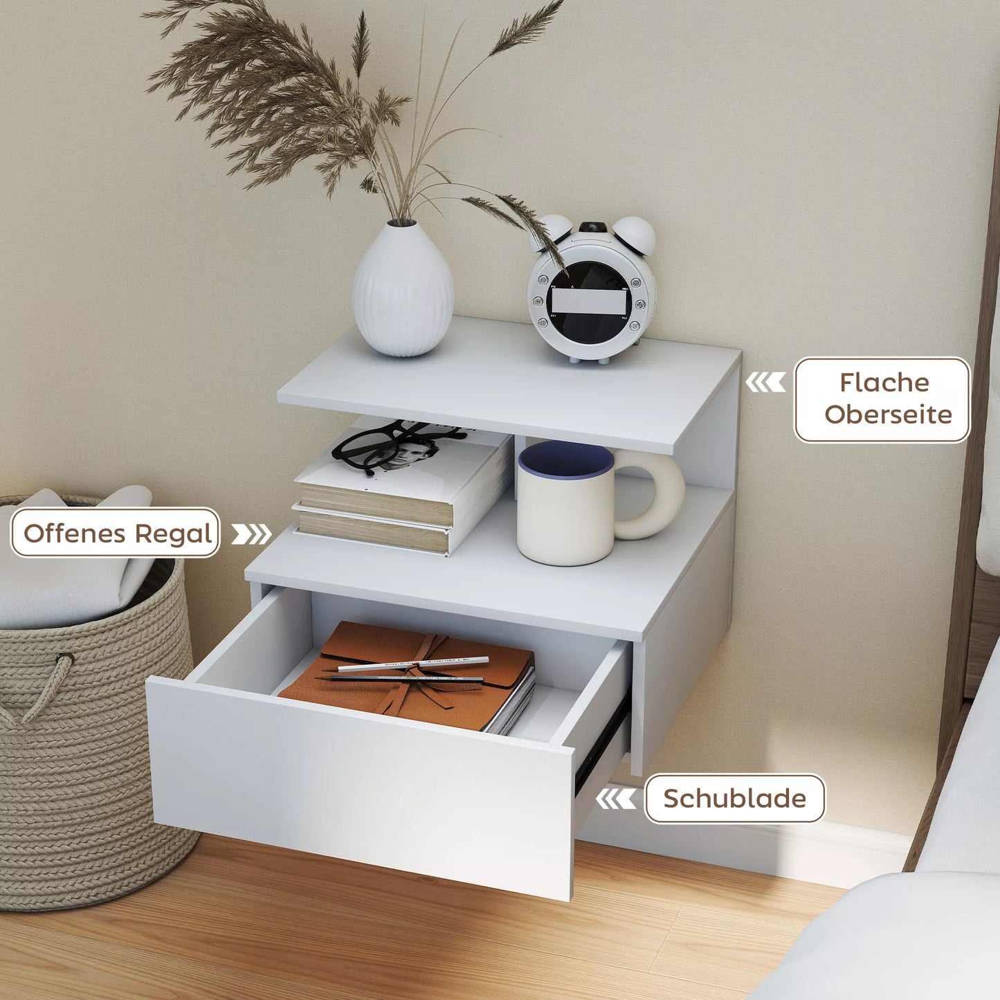 Pakabinamas naktinis staliukas, pagalbinis staliukas su stalčiumi, atvira niša, baltos spalvos, 39,8 x 35 x 31,6 cm