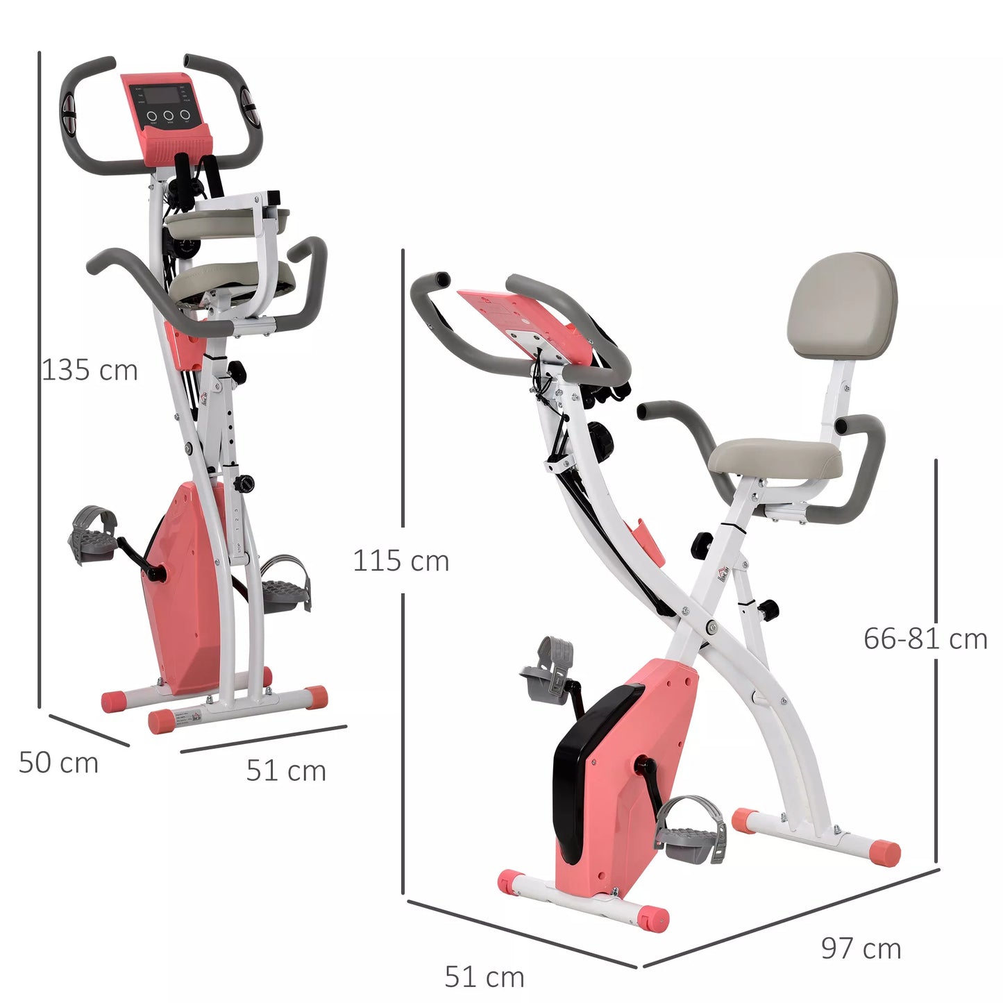 Namų treniruoklis X-Bike 2-in-1 dviračio treniruoklis su LCD ekranu, širdies ritmo matuokliu, sulankstomas treniruoklis su 8 lygių magnetine sistema, 1 poros tempiamųjų lynų, plienas, rožinė, 105x48x118 cm