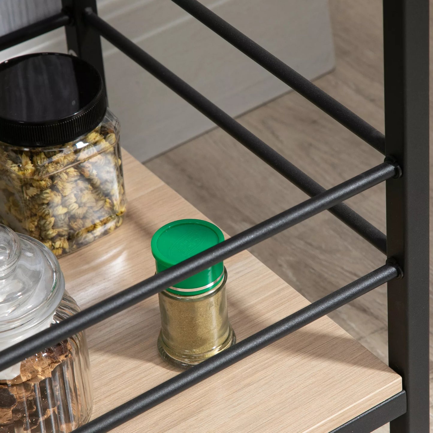 Virtuvės vežimėlis su 2 lentynomis, turėklu, plienas, juoda+medžio spalva, 82 x 40 x 75cm