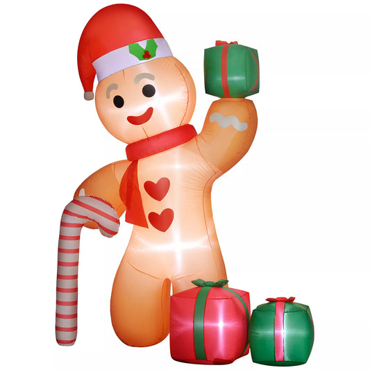 Outsunny Pripučiamas meduolių žmogeliukas su pagaliuku, 2,45 m aukščio, su baltu LED apšvietimu, 170 x 100 x 245 cm