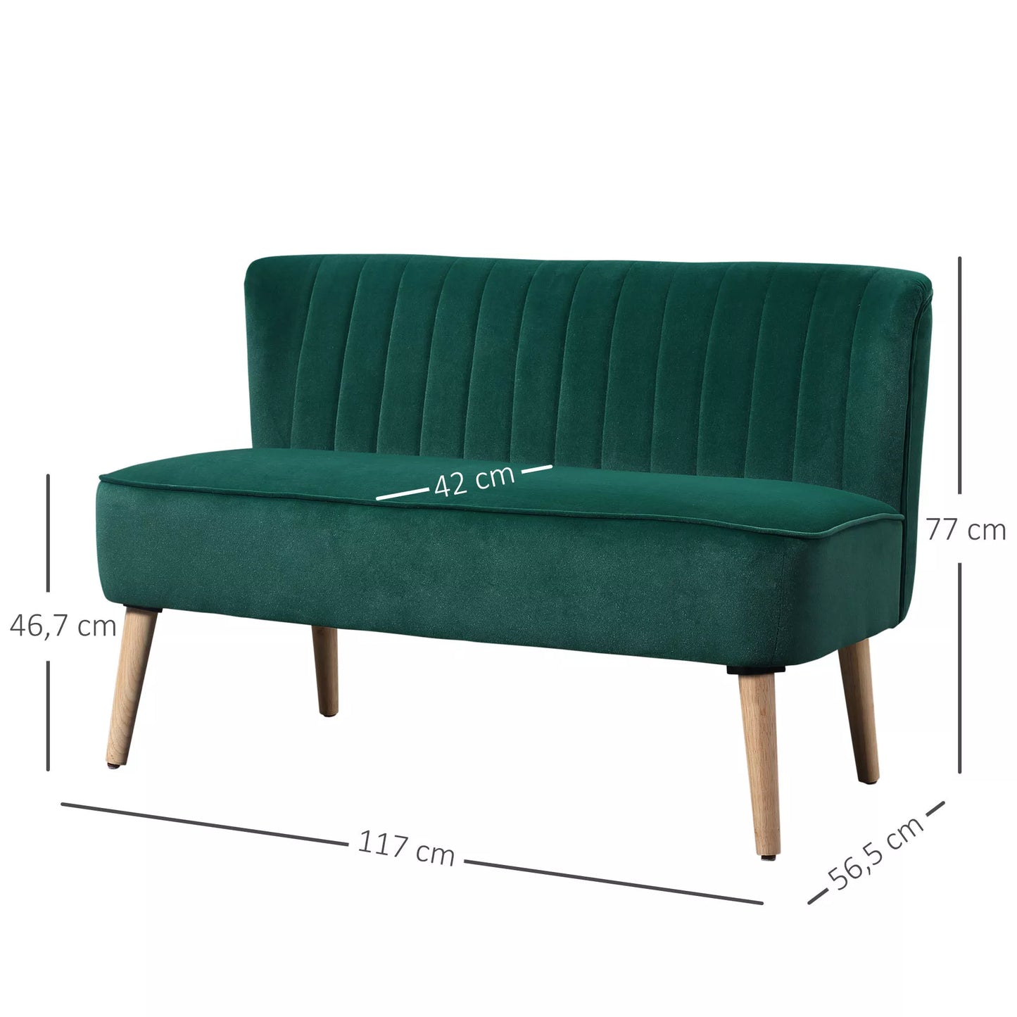 2 vietų sofa, mažas dvivietis fotelis su aksomo išvaizda, moderni minkšta sofa svetainei, miegamajam, mažam kambariui, tamsiai žalia 117 x 56,5 x 77 cm