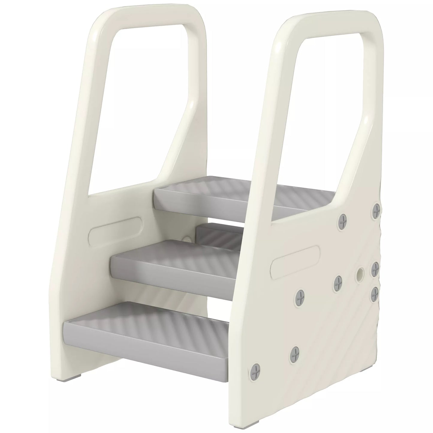 Vaikštiškas neslystantis pakojis su rankena, reguliuojamas iš 3 į 2 pakopas, tinkamas ivairioms patalpoms, pilkos spalvos, pagamintas iš plastiko.