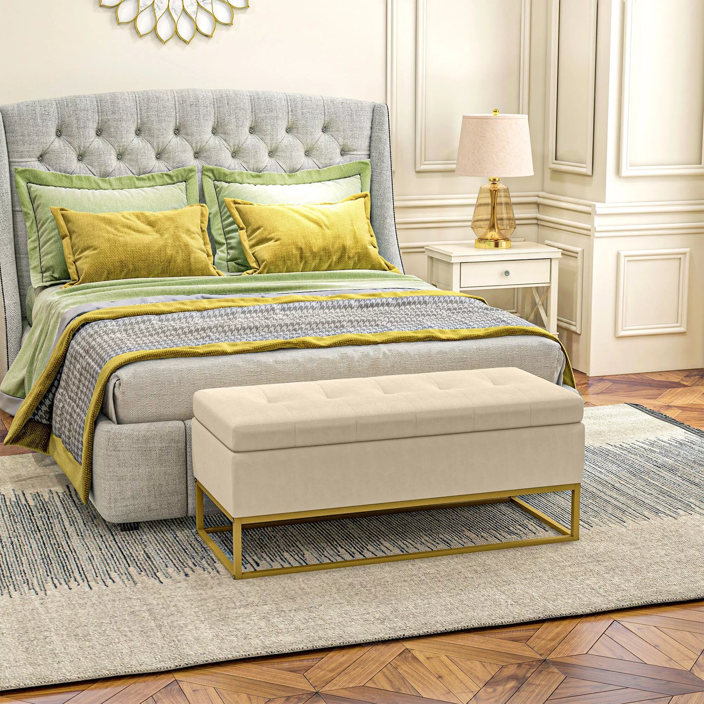 Sėdynė su daiktadėže, dekoratyvinis sagų dygsniavimas, flanelinė išvaizda, aukso spalvos plieninės kojos, 110 x 47 x 46,5 cm