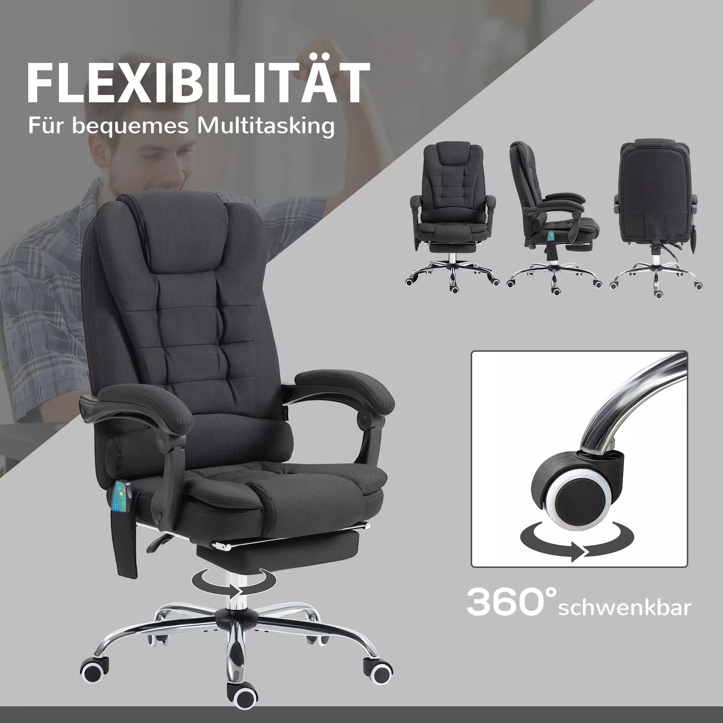 Biuro kėdė su masažo funkcija, Ergonomiška rašomojo stalo kėdė su atlošo ir šildymo funkcija, aukščio reguliavimo, juoda