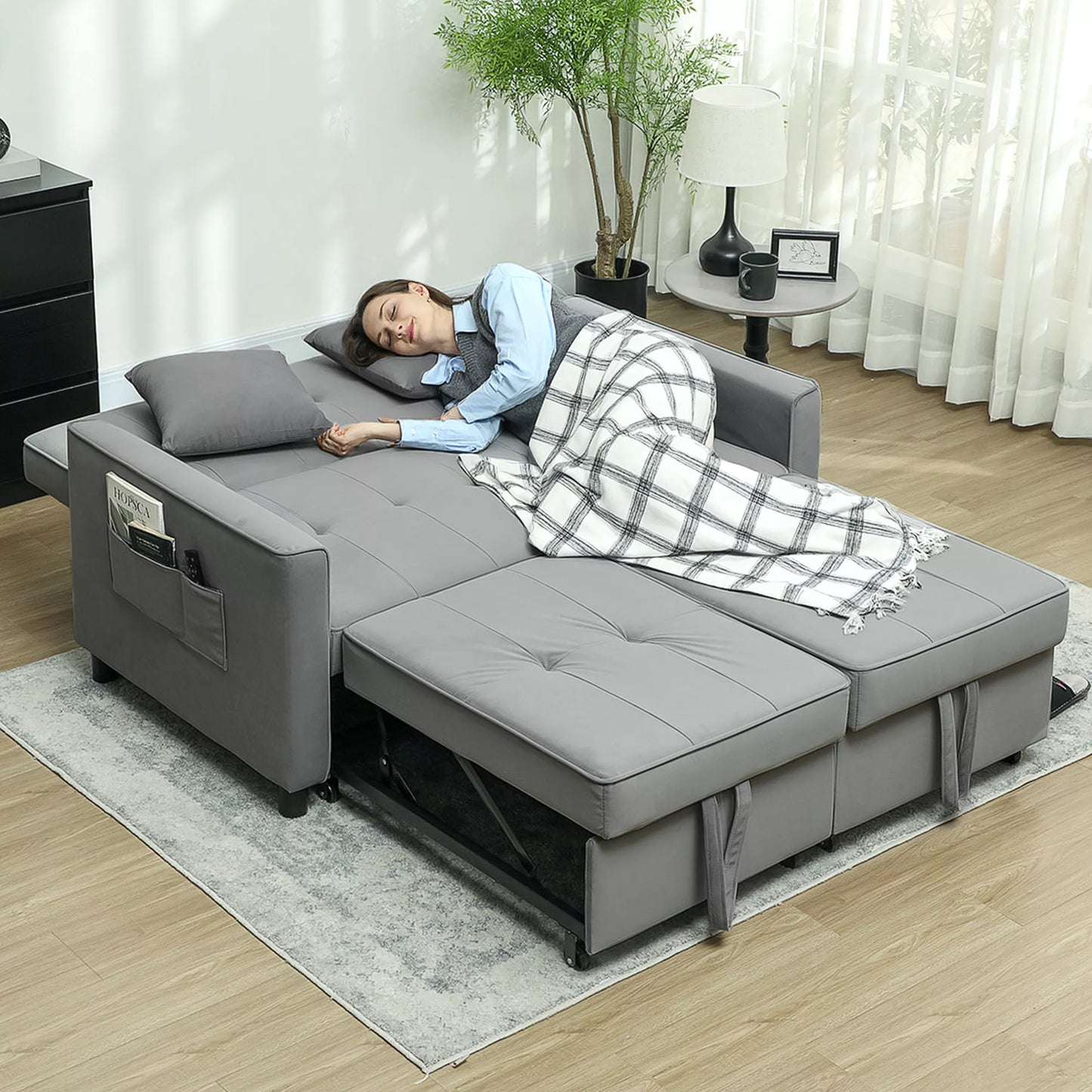 4in1 Sofa, reguliuojama sofa, sofa-lova, su pagalvėmis, audinio apmušalas, skirta svetainei, miegamajam, pilka