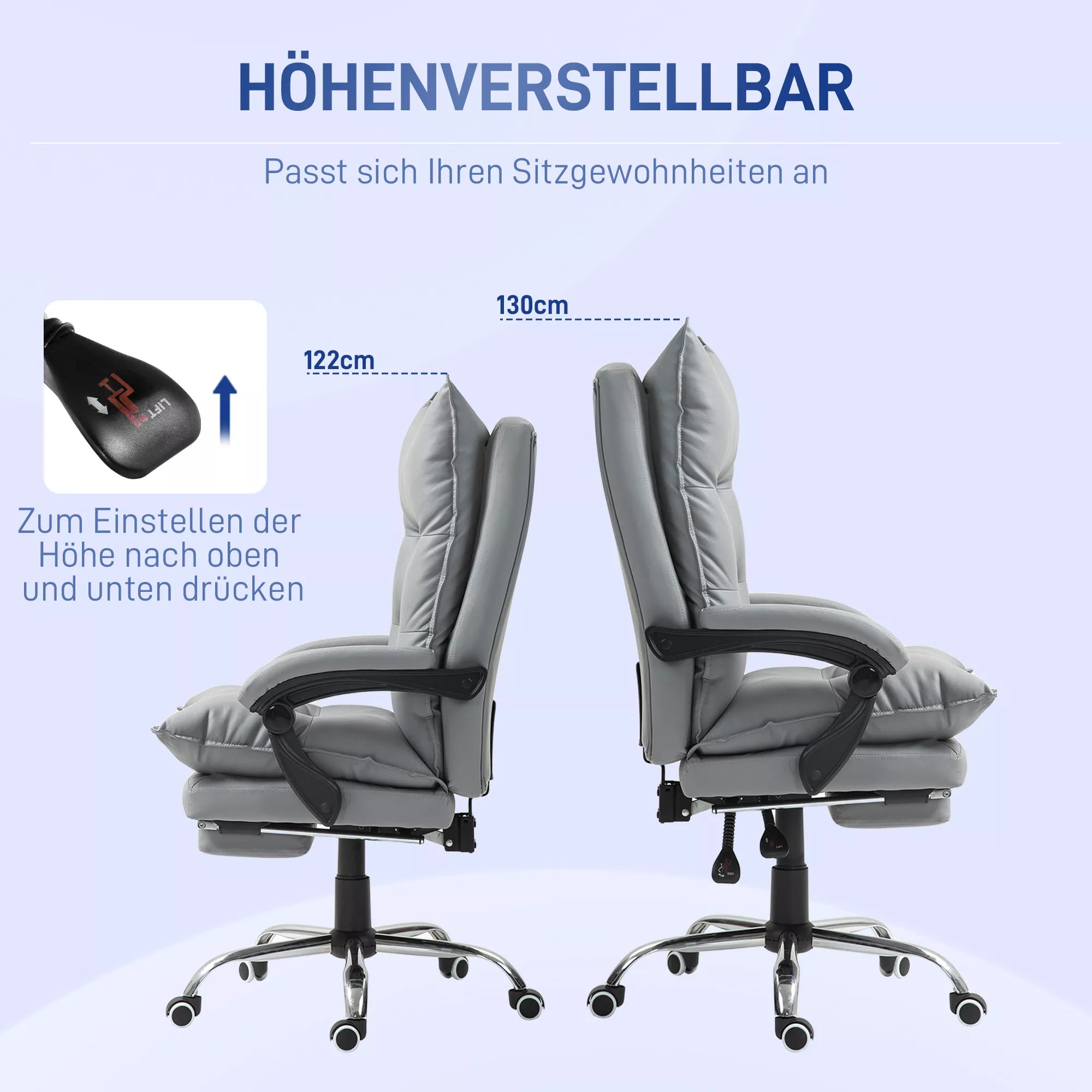 Ergonomiška biuro kėdė, reguliuojamas sėdynės aukštis, pakreipiamas atlošas, dirbtinė oda, šviesiai pilka