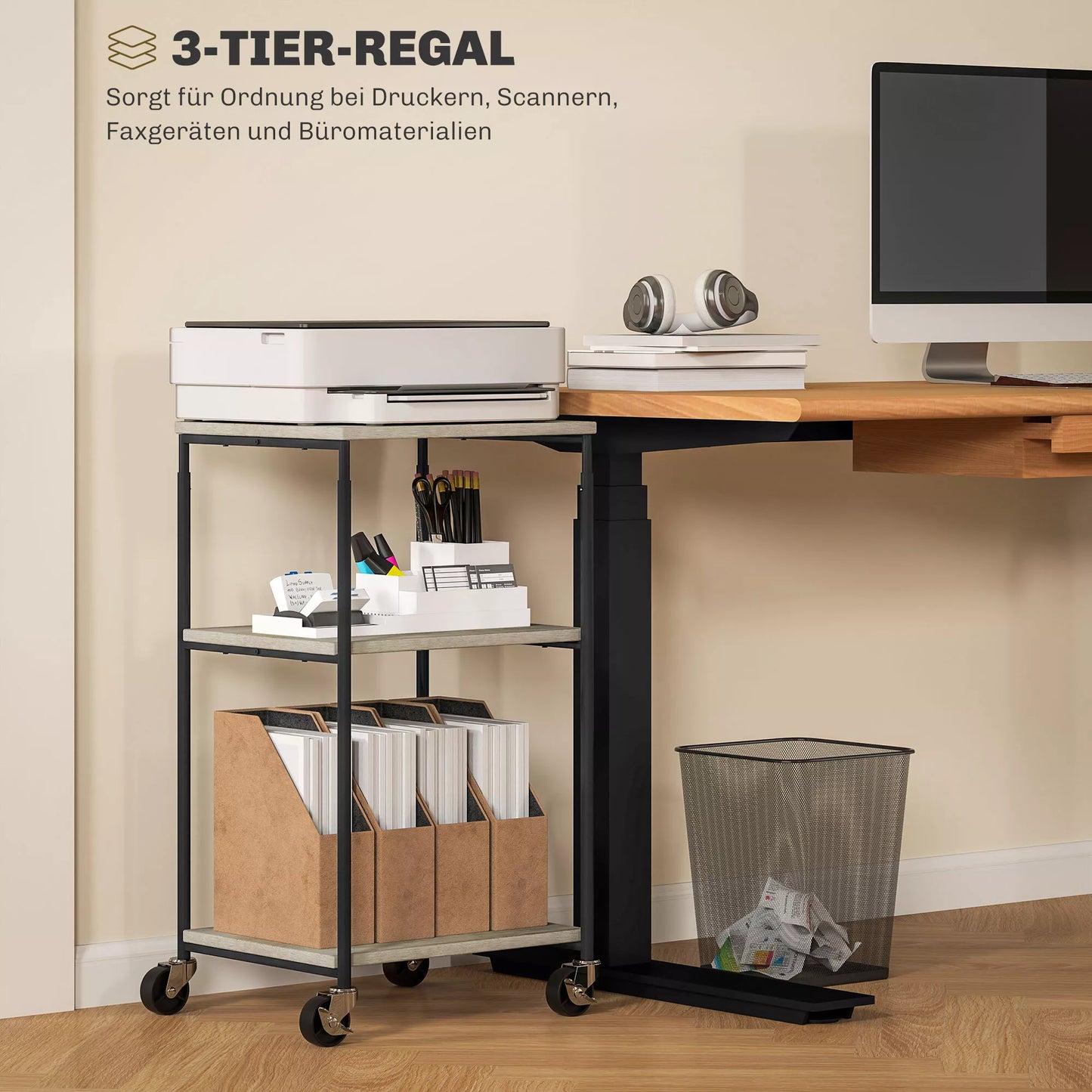 Spausdintuvo stovas su 3 lentynomis, reguliuojamo aukščio, mobilus spausdintuvo vežimėlis su ratukais, namų biurui, metalo ir medžio