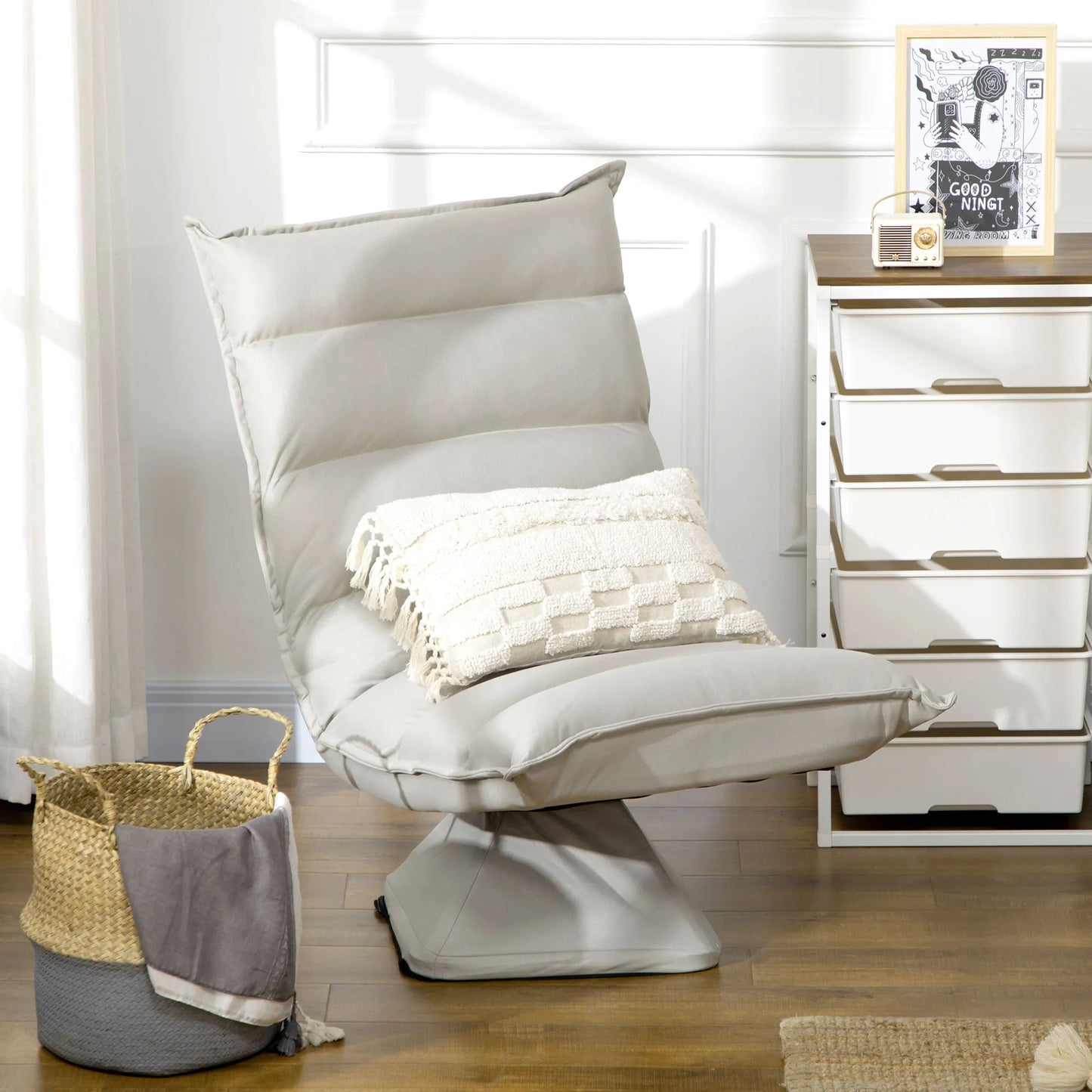 Fotelis, besisukantis, reguliuojamo atlošo, odos imitacijos, plieninis rėmas, šviesiai pilkas, 62 x 70 x 95 cm