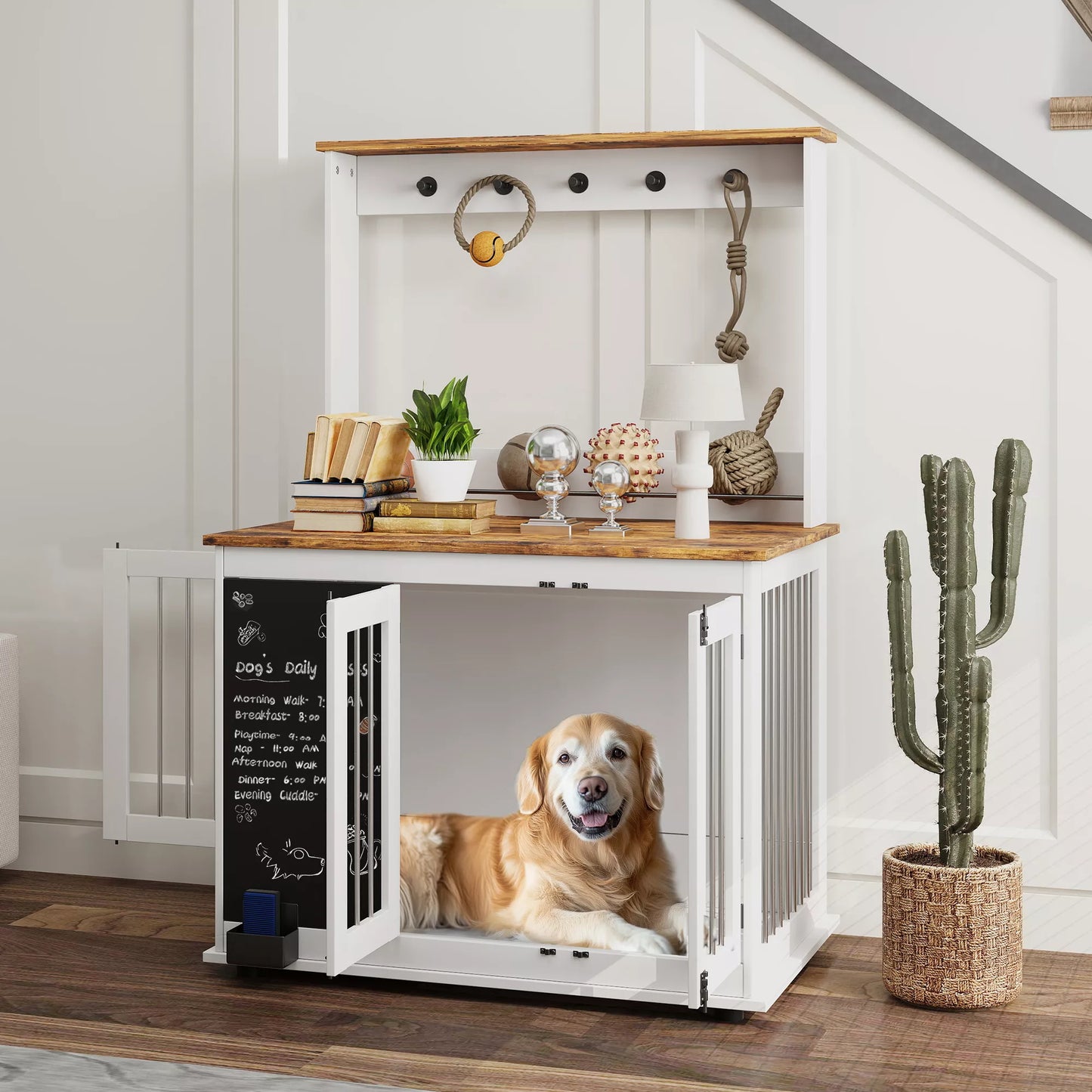 Šunų dėžė su laikymo lentyna žaislams, kabliai pavadėliams, rašomoji lenta, trintukas, dideliems šunims, balta