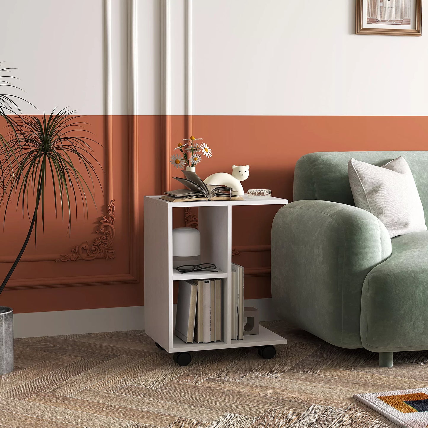 Pagalbinis staliukas C formos, kavos staliukas, svetainės staliukas, kampinis rašomasis stalas, su ratukais, E1 medžio drožlių plokštė, 45 x 35 x 58 cm, Balta