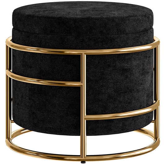 Pufas su daiktadėže, minkštas pufas, metalinis rėmas, paauksuotas, juodas