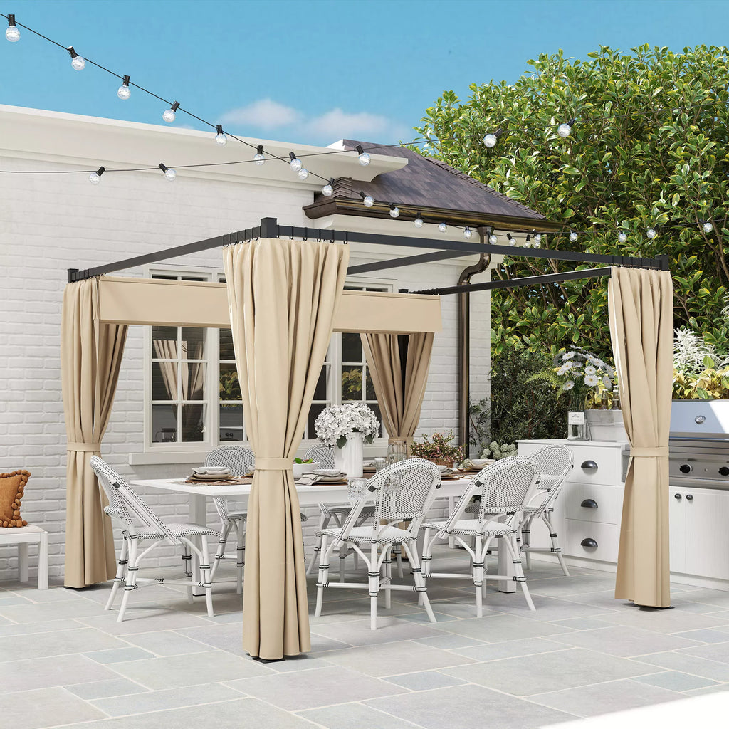 Pergola 3 x 3 m Atskirai stovinti terasos stogelė su stumdomu stogu, 4 šoninės sienos, atspari UV spinduliams, smėlio spalvos