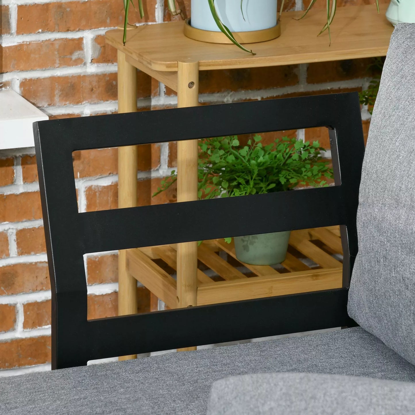 Lauko baldų komplektas 3 asmenims, balkono baldai su sėdimųjų pagalvėlėmis, aliuminio rėmas, medžio išvaizda, tamsiai pilka+natūrali