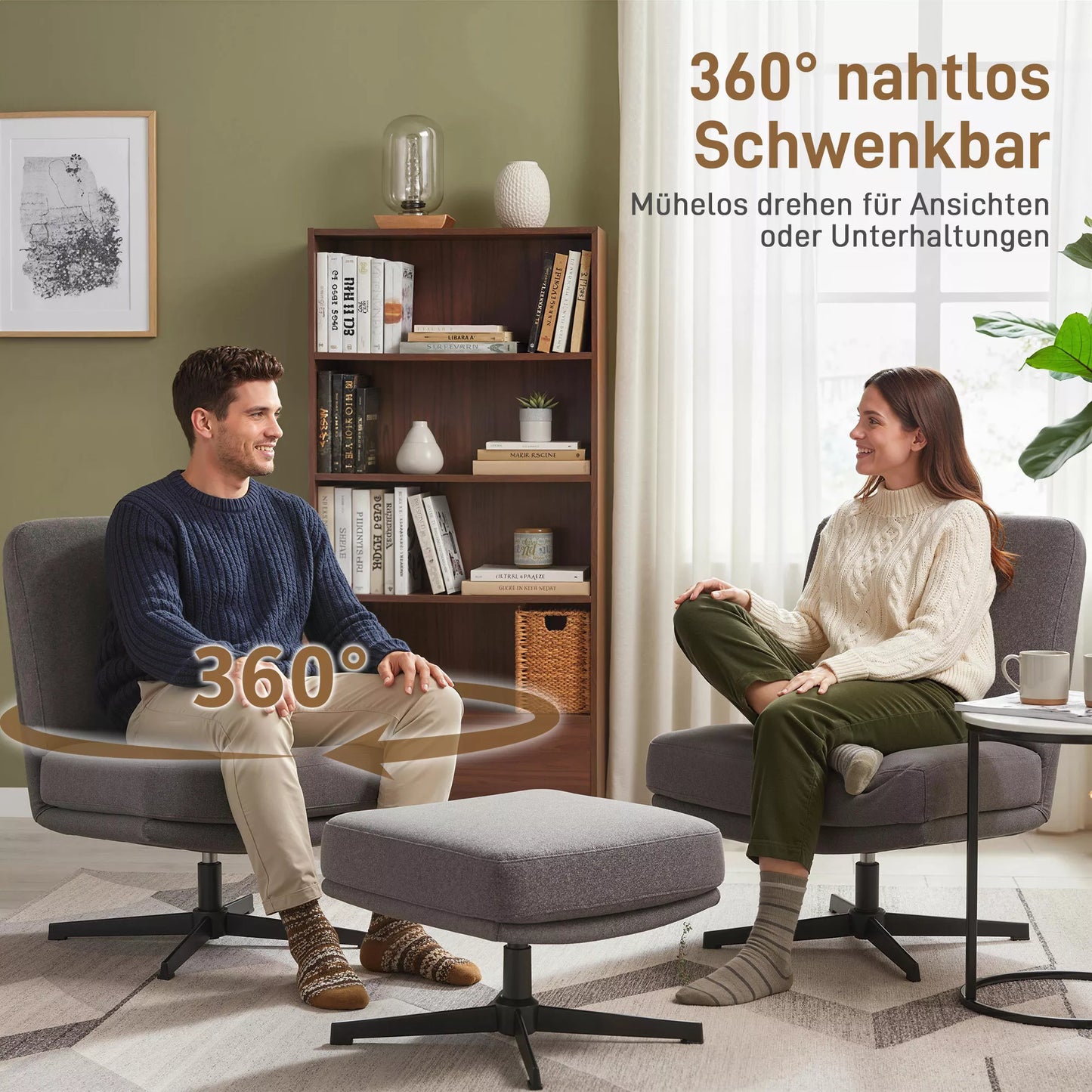 Fotelis su taburete Pasukamas poilsio fotelis su lino tekstūra, skirtas svetainei Tamsiai pilkos spalvos