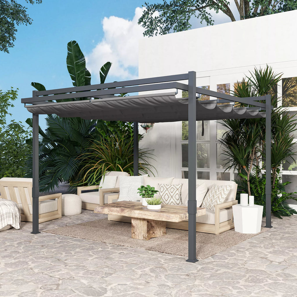 Pergola paviljonas, apie 3,5 x 3 m, aliuminis, stabilus, atsparus žiemos sąlygoms, saulės apsauga su reguliuojamu stumdomu stogu, pilkos spalvos