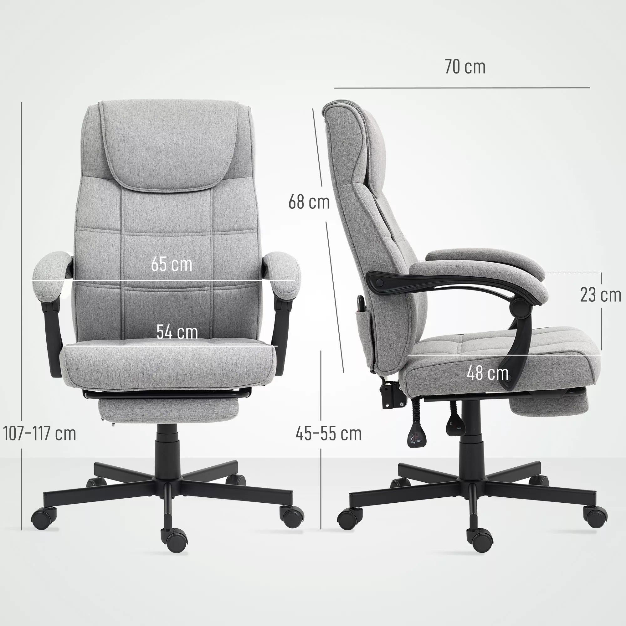 Ergonomiška biuro kėdė su masažo ir gulimosios padėties funkcija, pilkos spalvos, su kojų atrama