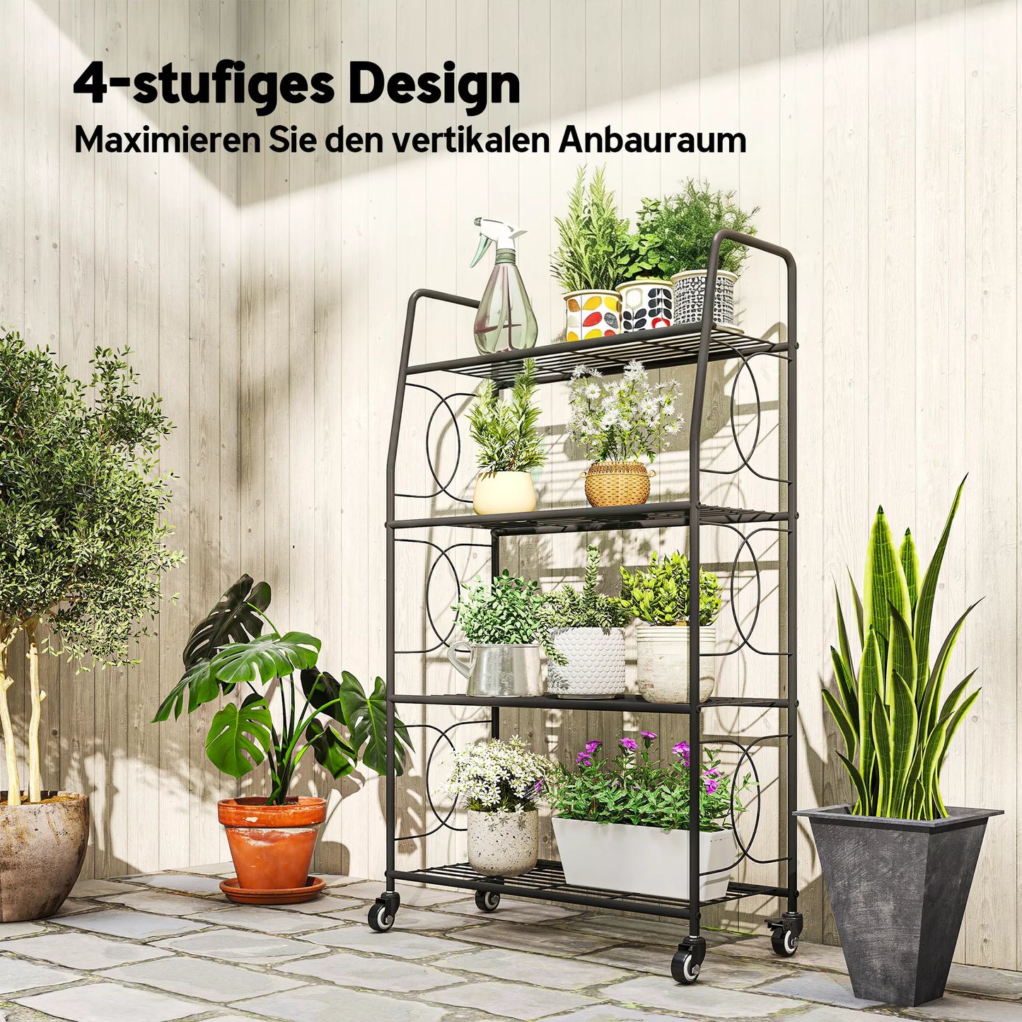 Metalinis 4 lygių augalų stovas, tvirtas kopėčių tipo stovas gėlių vazonams su fiksuojamais ratais