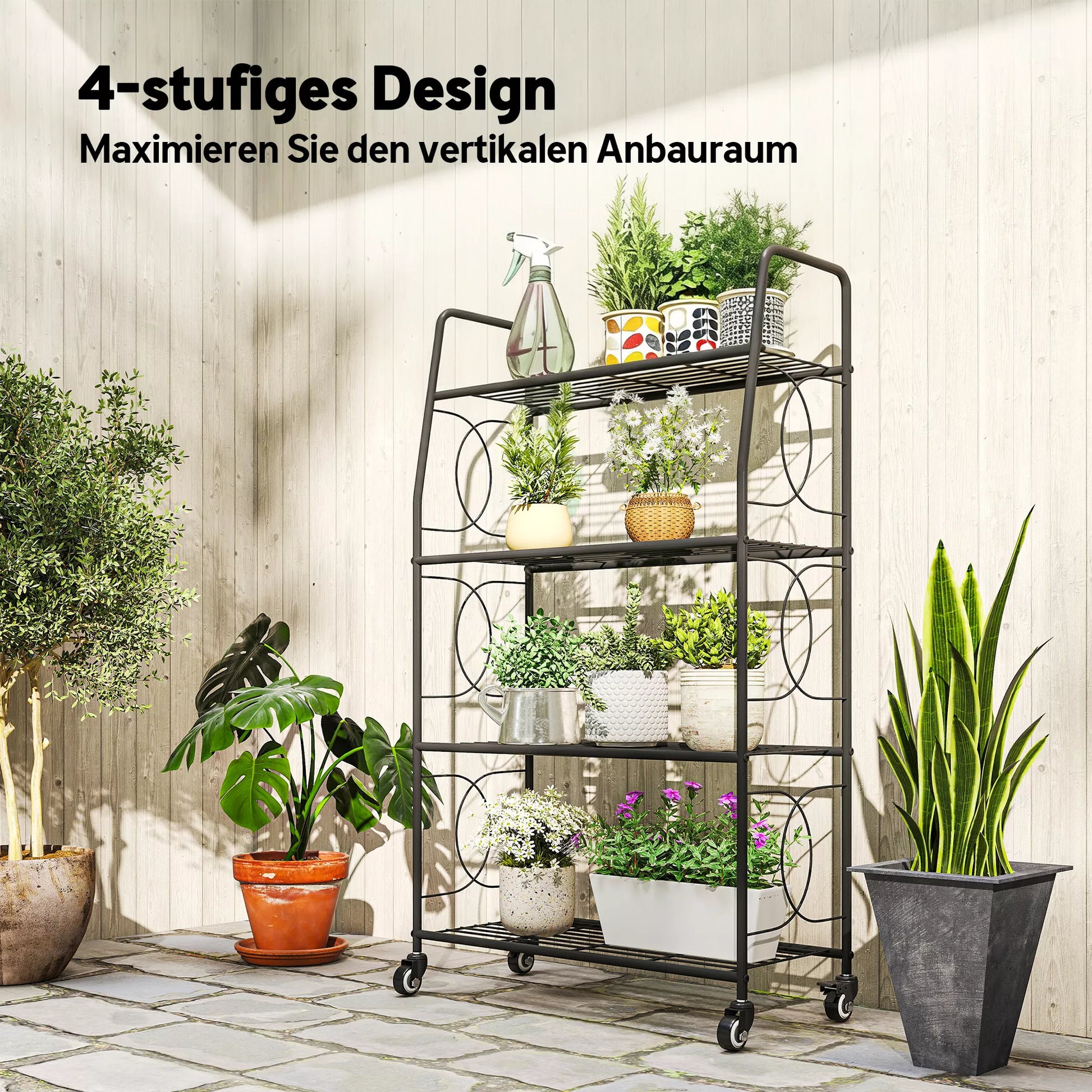 Metalinis 4 lygių augalų stovas, tvirtas kopėčių tipo stovas gėlių vazonams su fiksuojamais ratais