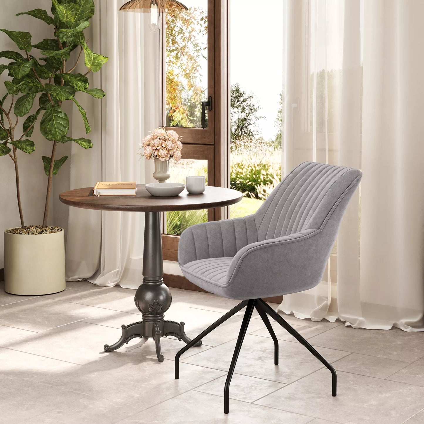 Besisukantis fotelis, modernus akcentinis krėslas su metalinėmis kojomis svetainei, miegamajam, biurui, pilkas